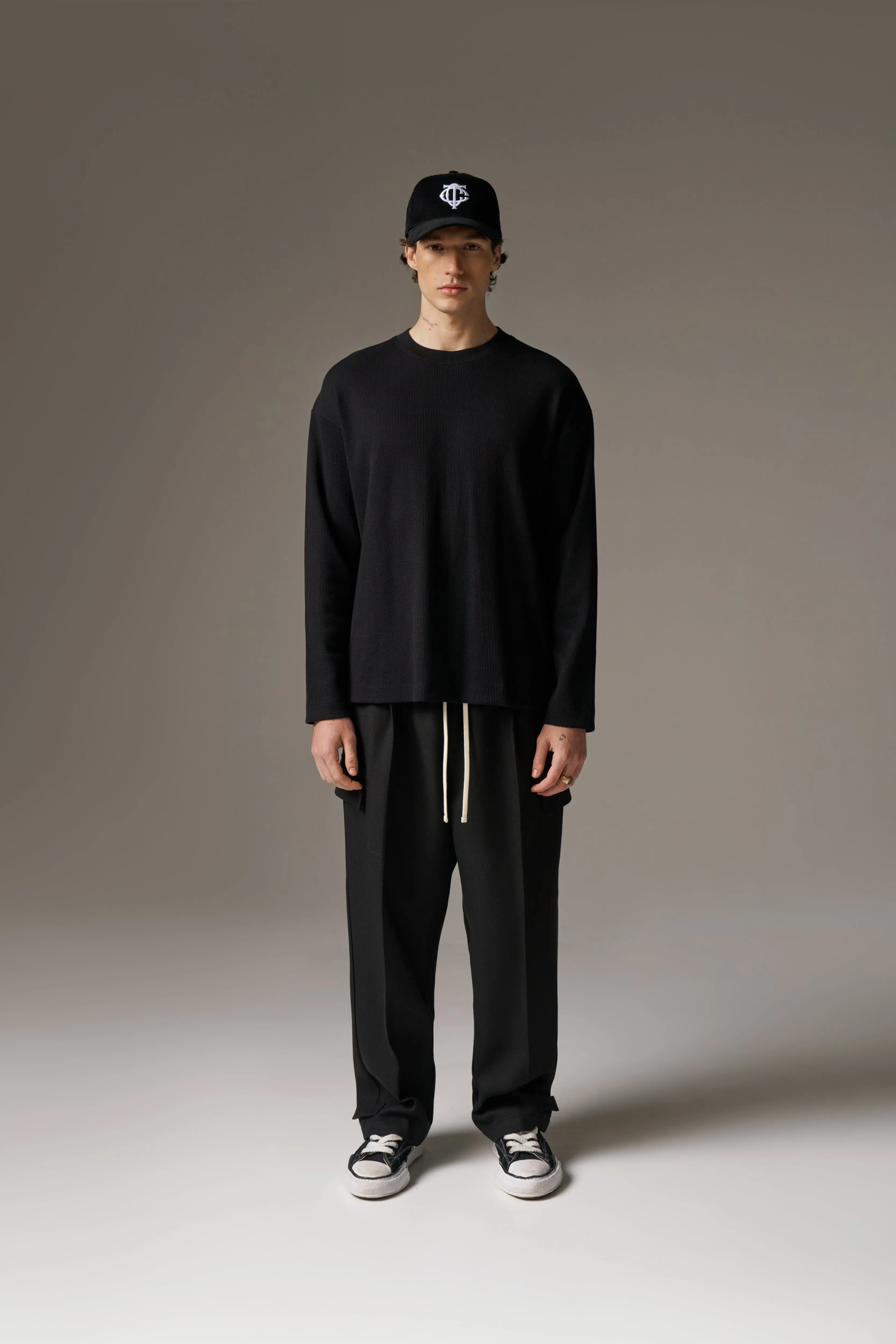 WAFFLE LONG SLEEVE T-SHIRT - BLACK sold by The Couture Club product image thumbnail 3