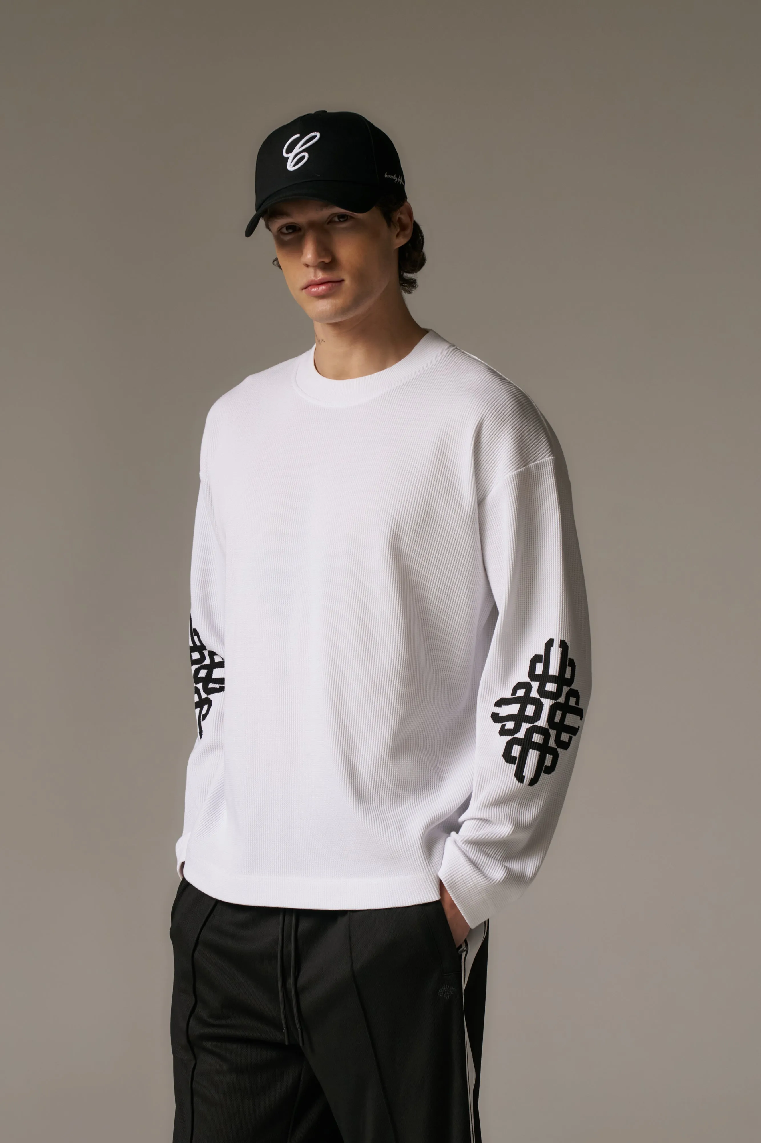 EMBLEM WAFFLE LONG SLEEVE T-SHIRT - WHITE sold by The Couture Club product image thumbnail 4
