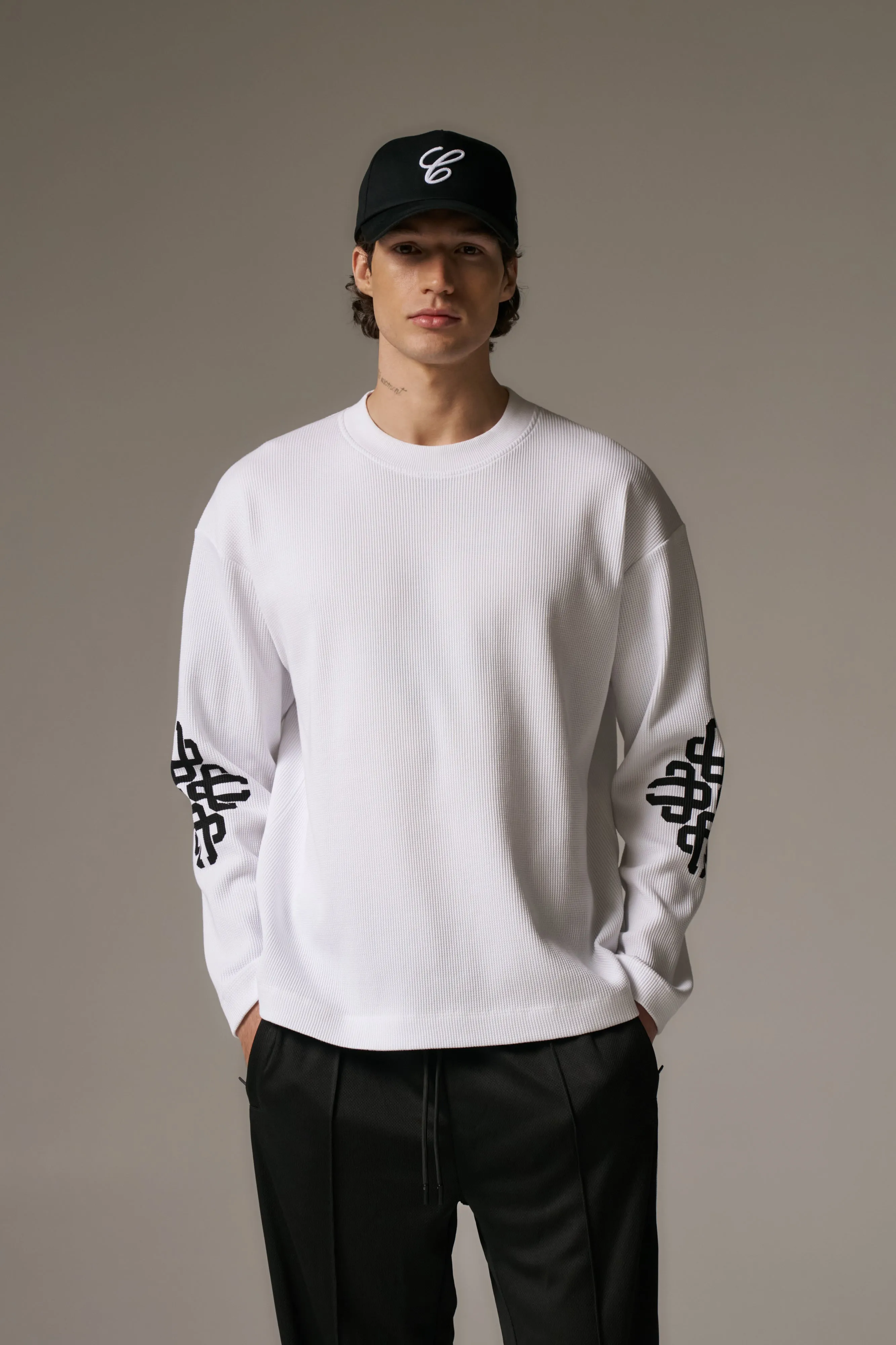 EMBLEM WAFFLE LONG SLEEVE T-SHIRT - WHITE sold by The Couture Club product image thumbnail 2