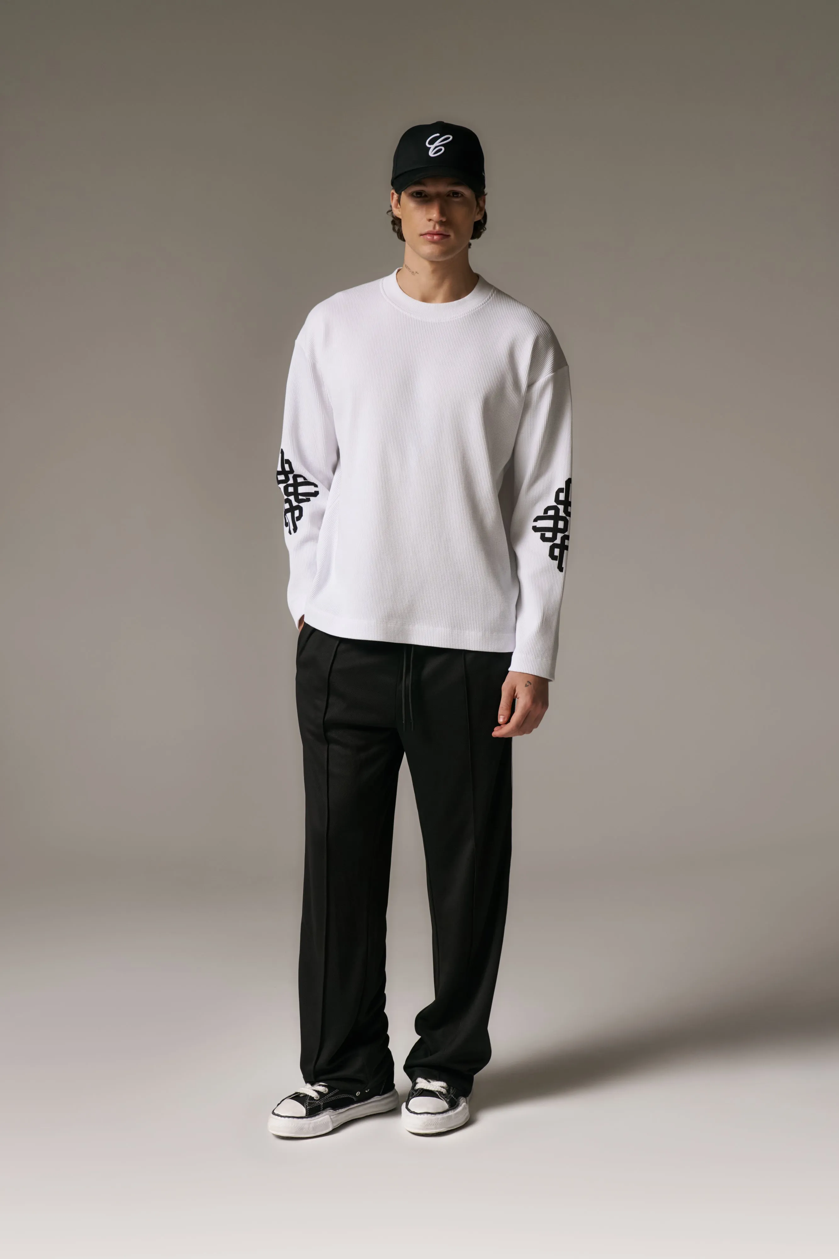 EMBLEM WAFFLE LONG SLEEVE T-SHIRT - WHITE sold by The Couture Club product image thumbnail 3