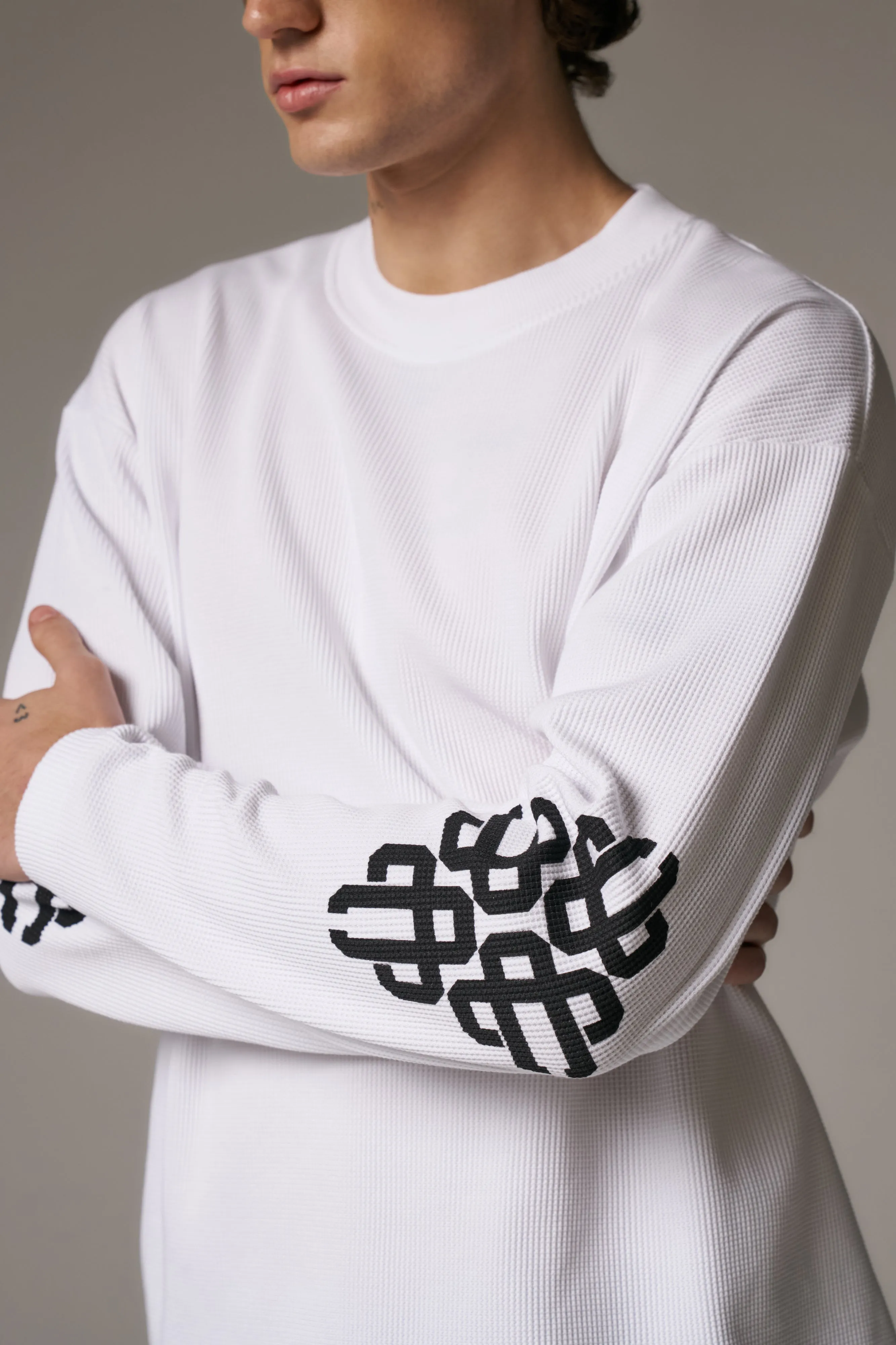 EMBLEM WAFFLE LONG SLEEVE T-SHIRT - WHITE sold by The Couture Club product image thumbnail 5