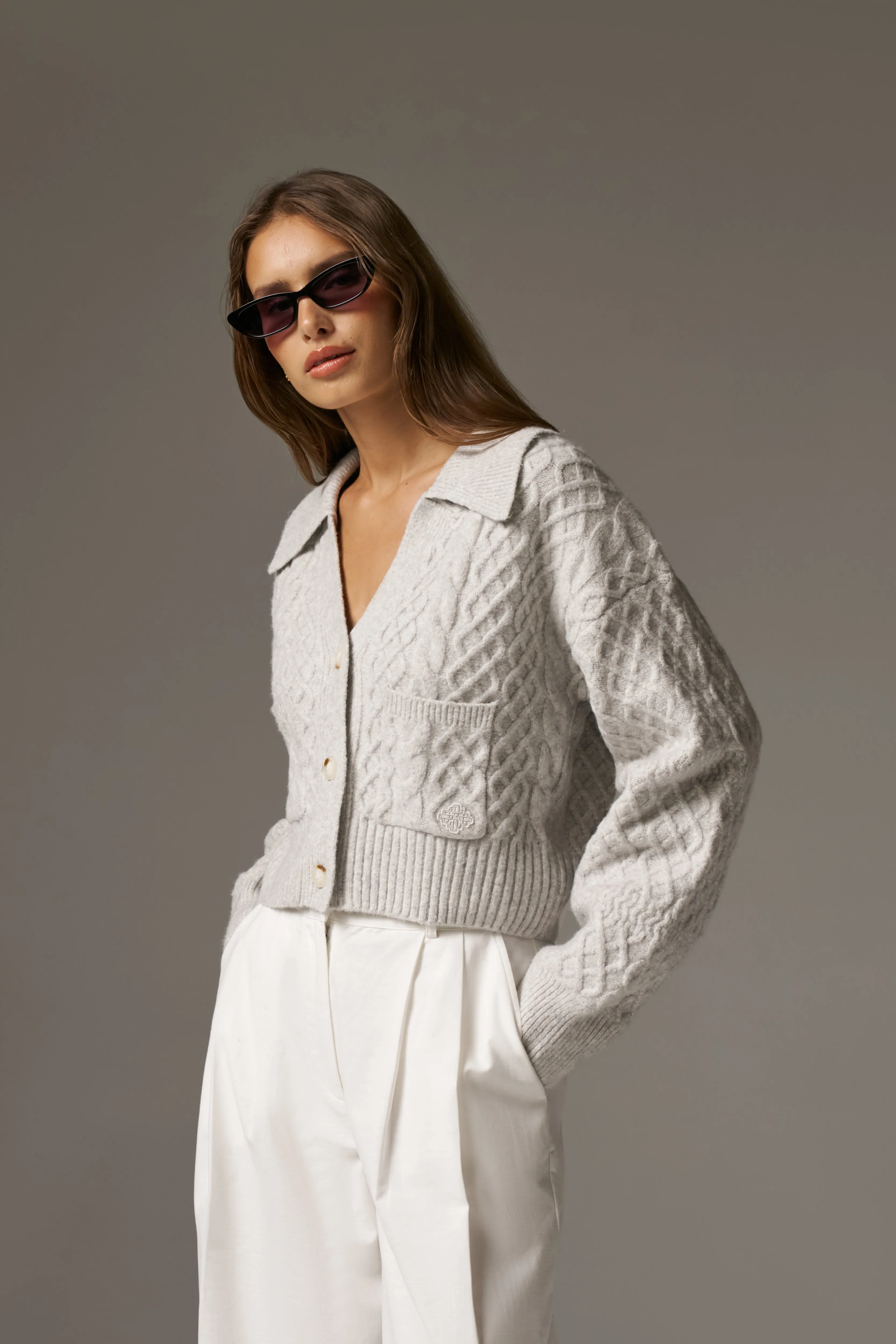 CABLE KNIT CARDIGAN - GREY MARL sold by The Couture Club product image thumbnail 4