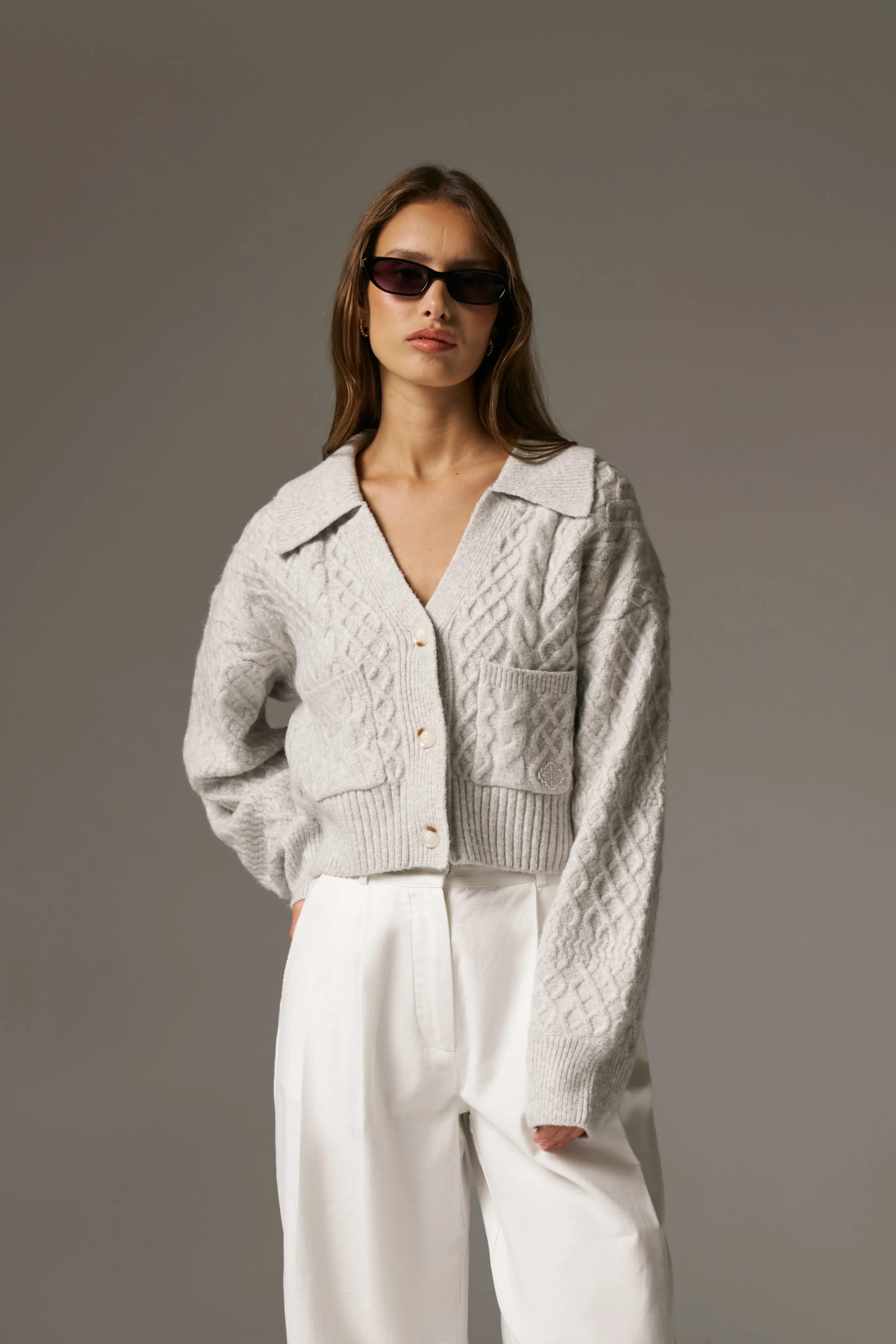 CABLE KNIT CARDIGAN - GREY MARL sold by The Couture Club product image thumbnail 2
