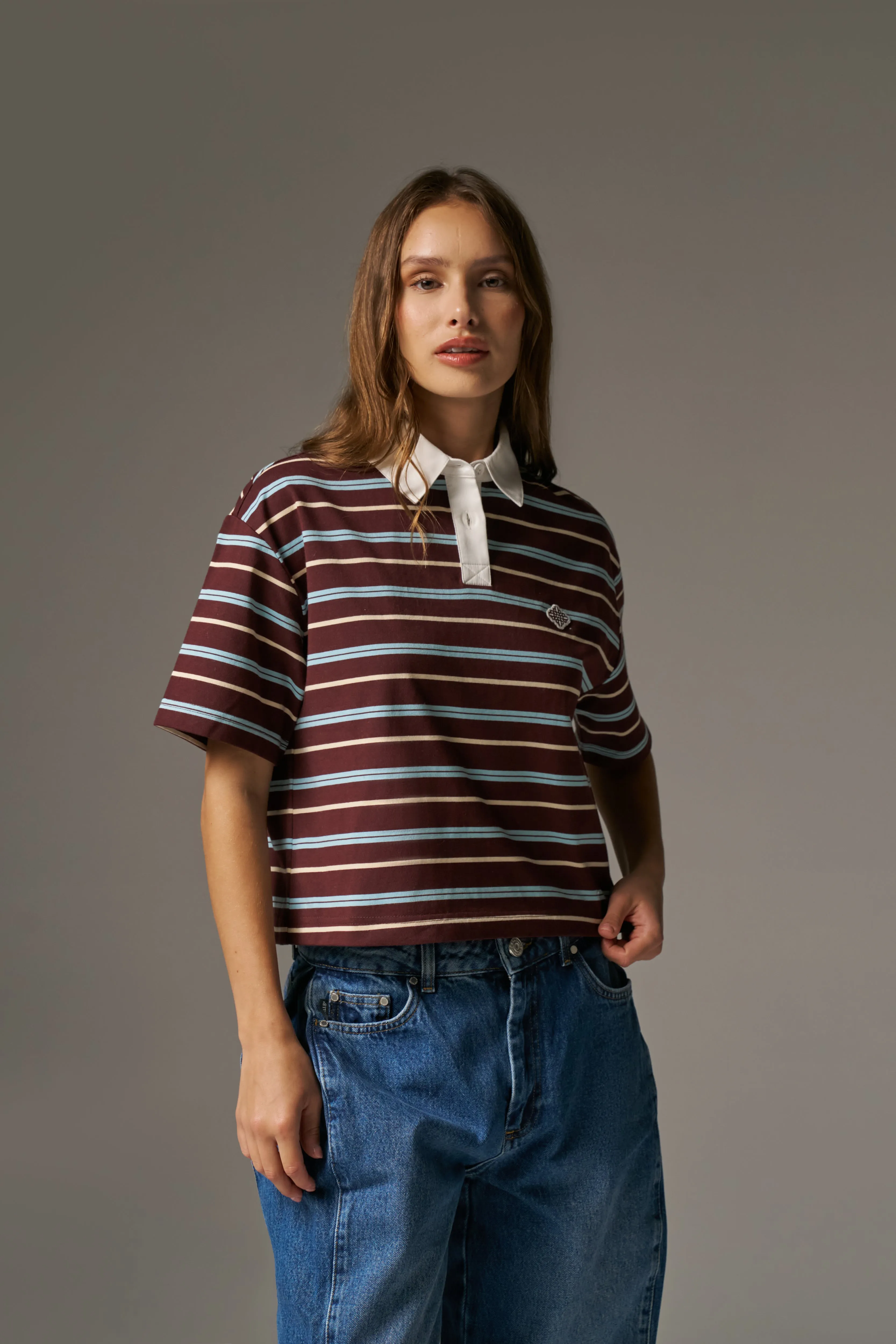 STRIPED POLO TEE - CHOCOLATE sold by The Couture Club product image thumbnail 2