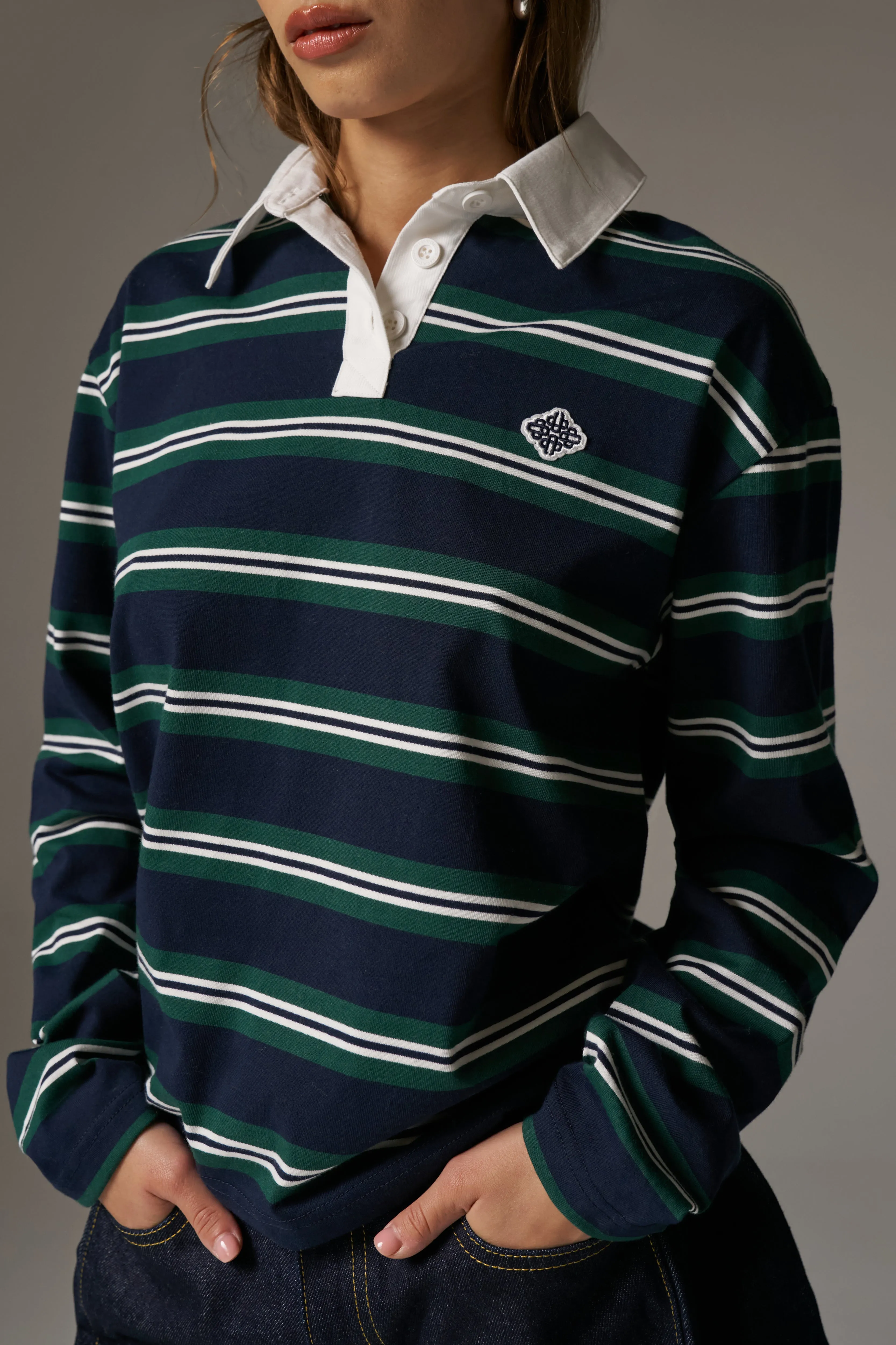 STRIPED LONG SLEEVE POLO TEE - NAVY sold by The Couture Club product image thumbnail 5
