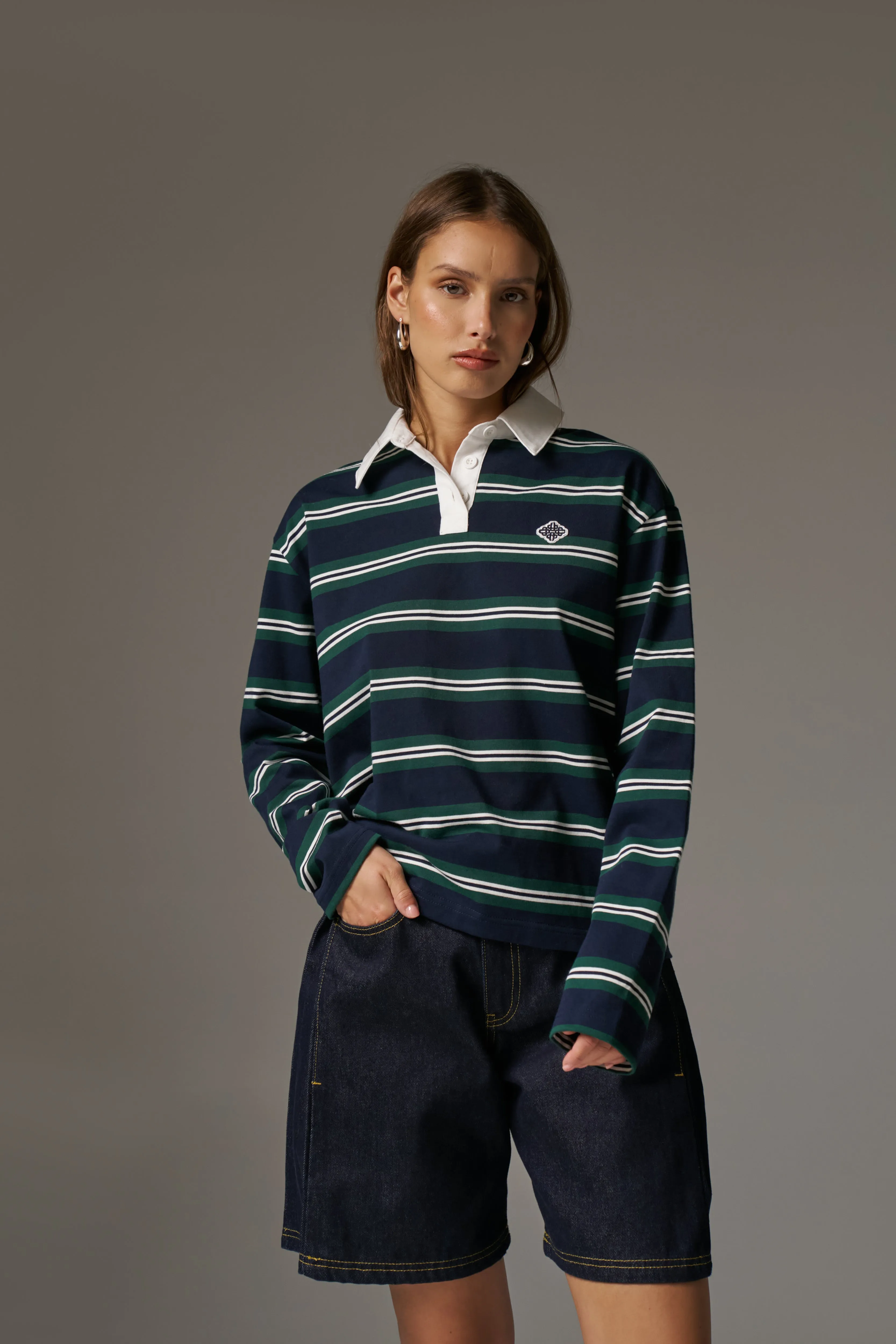 STRIPED LONG SLEEVE POLO TEE - NAVY sold by The Couture Club product image thumbnail 2
