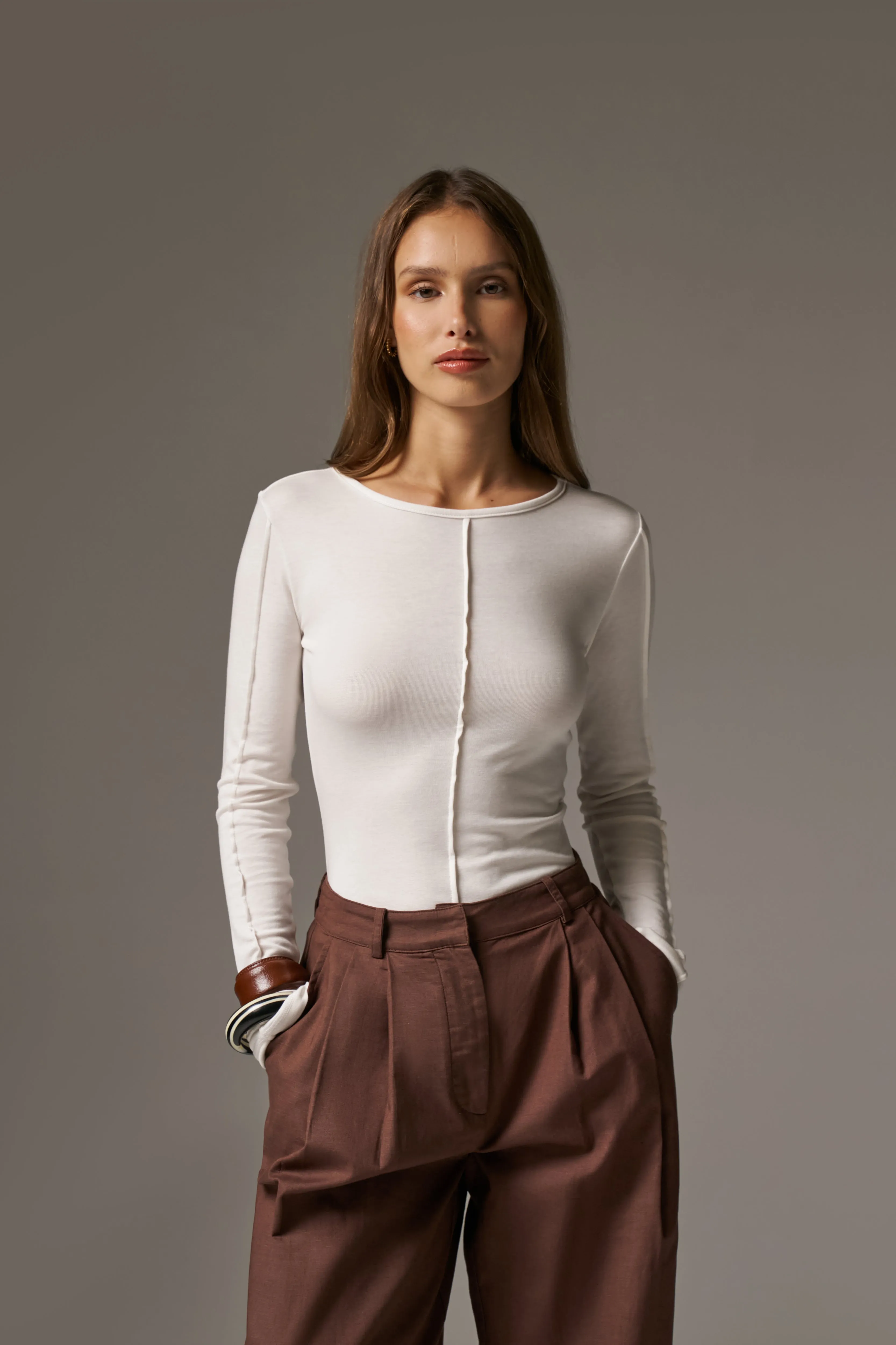 LONG SLEEVE SLUB TOP - WHITE sold by The Couture Club product image thumbnail 2