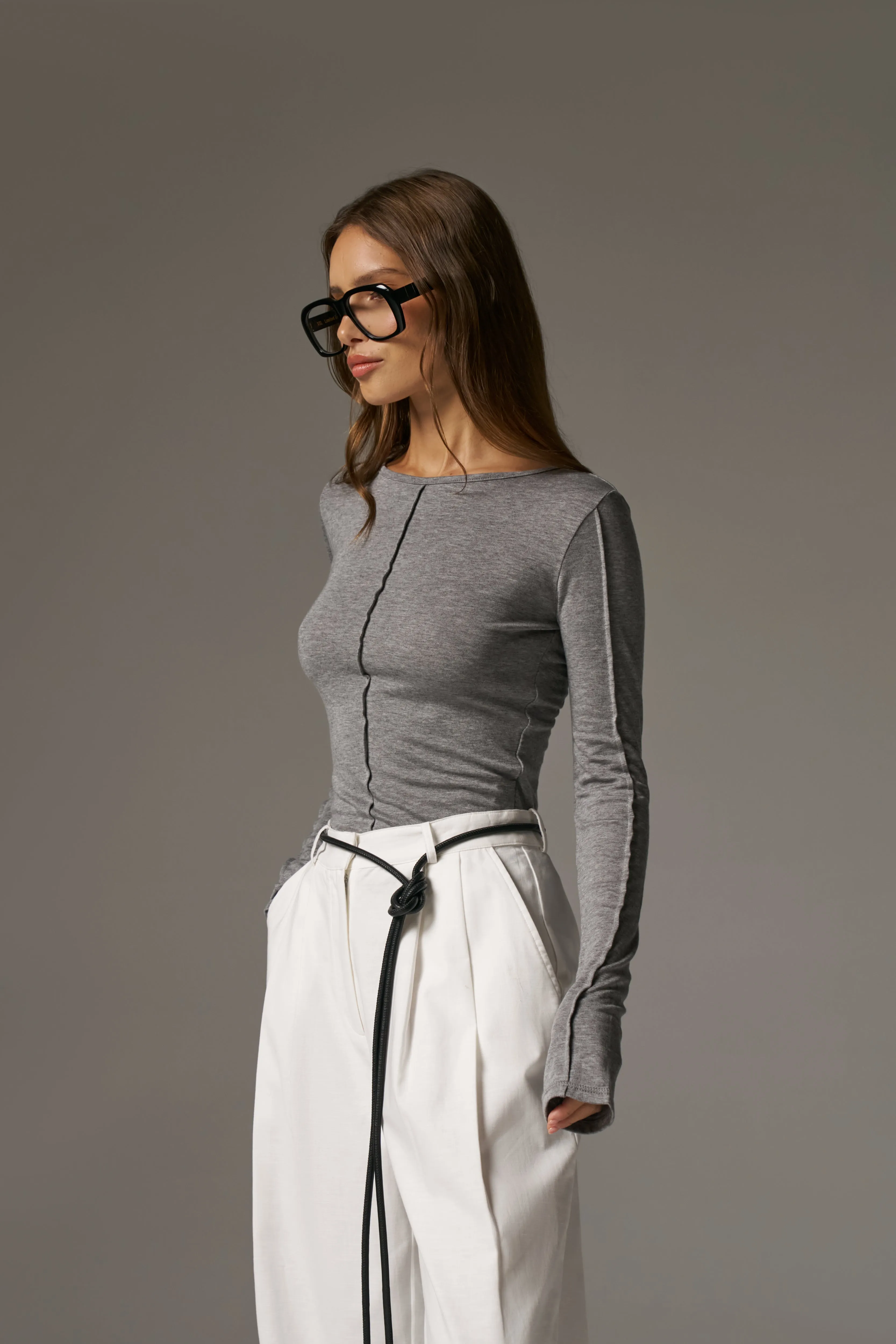 LONG SLEEVE SLUB TOP - GREY sold by The Couture Club product image thumbnail 4