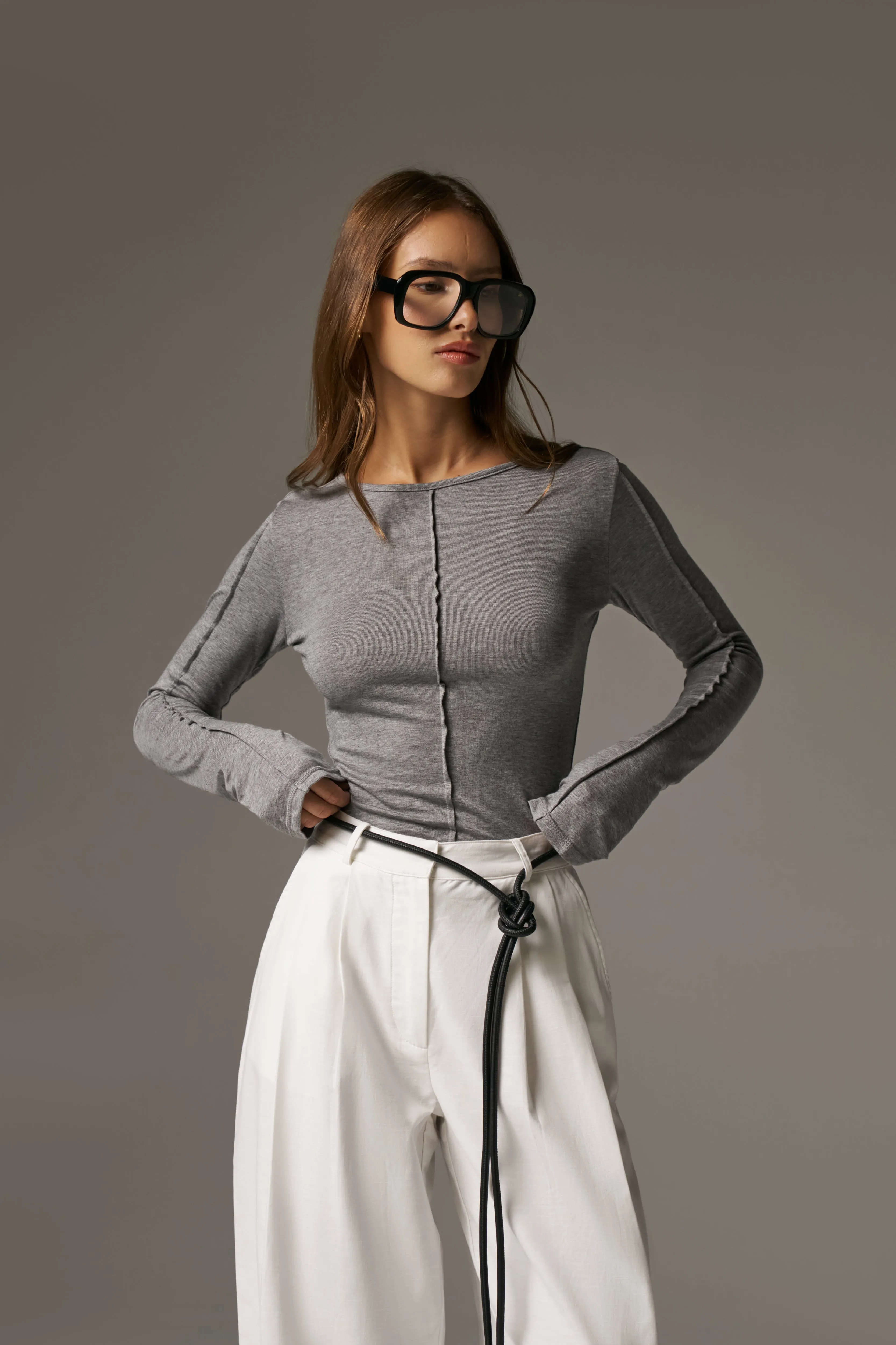 LONG SLEEVE SLUB TOP - GREY sold by The Couture Club product image thumbnail 2