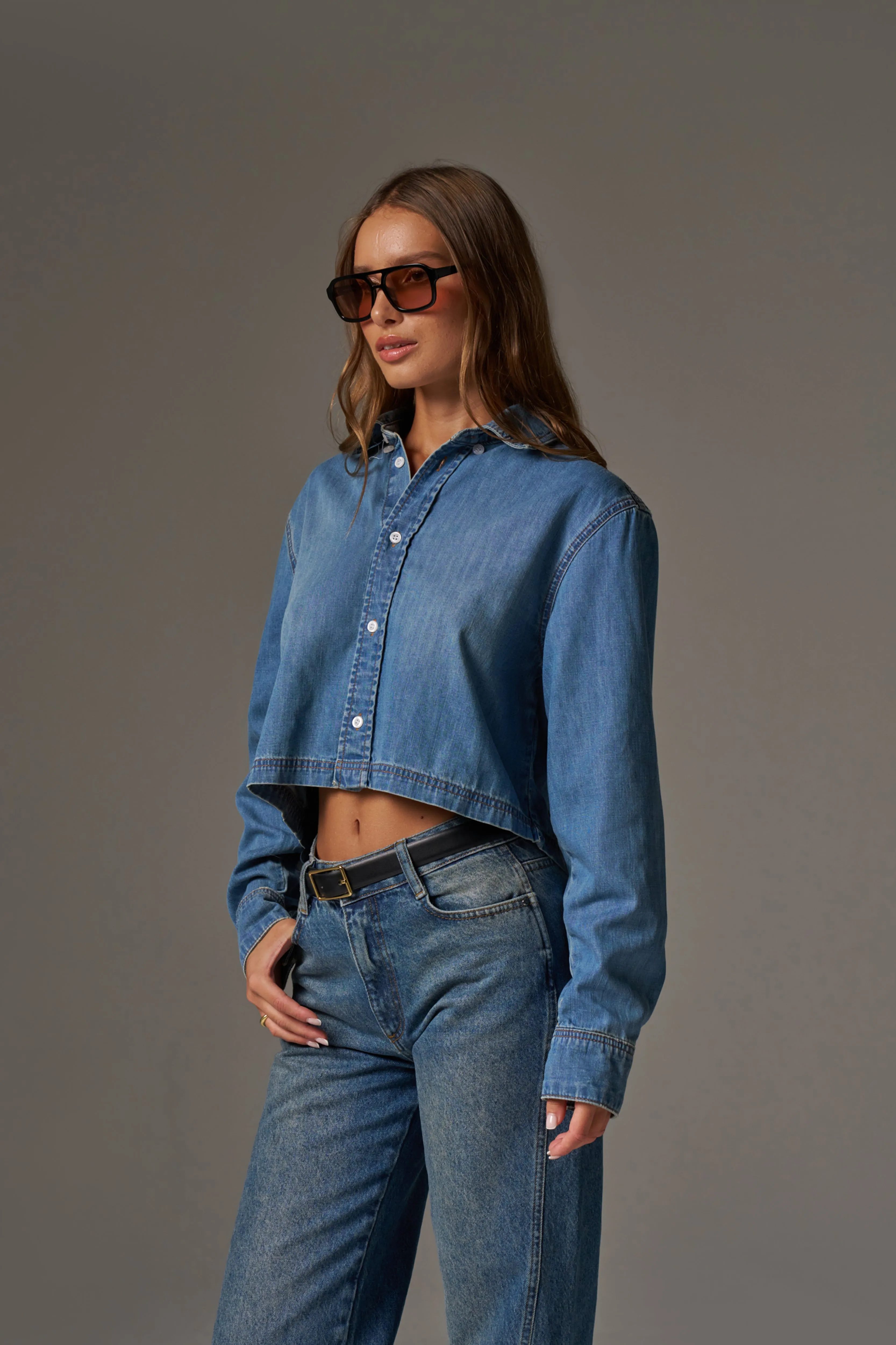 RELAXED LONG SLEEVE DENIM SHIRT - MID BLUE WASH sold by The Couture Club product image thumbnail 4