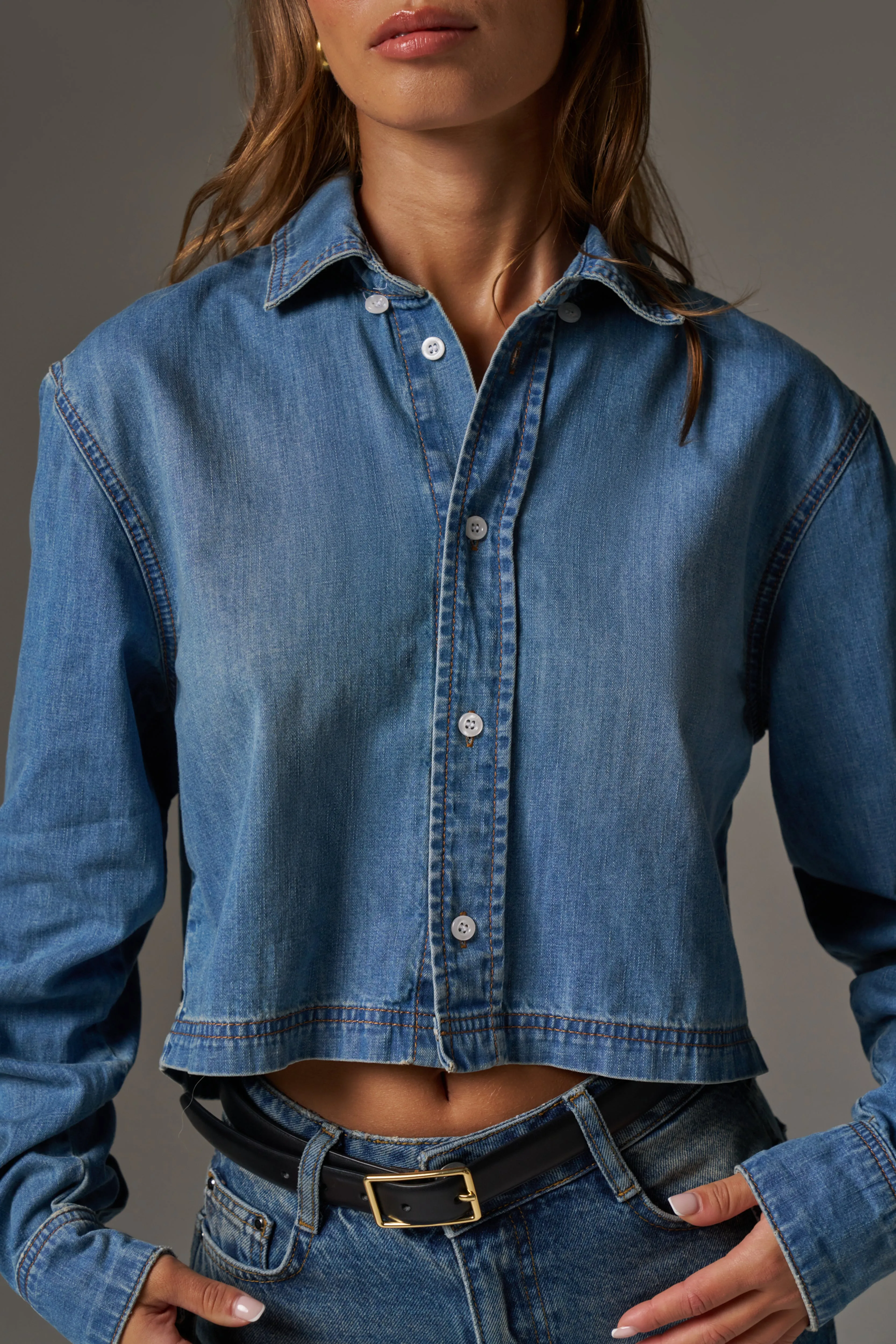 RELAXED LONG SLEEVE DENIM SHIRT - MID BLUE WASH sold by The Couture Club product image thumbnail 5