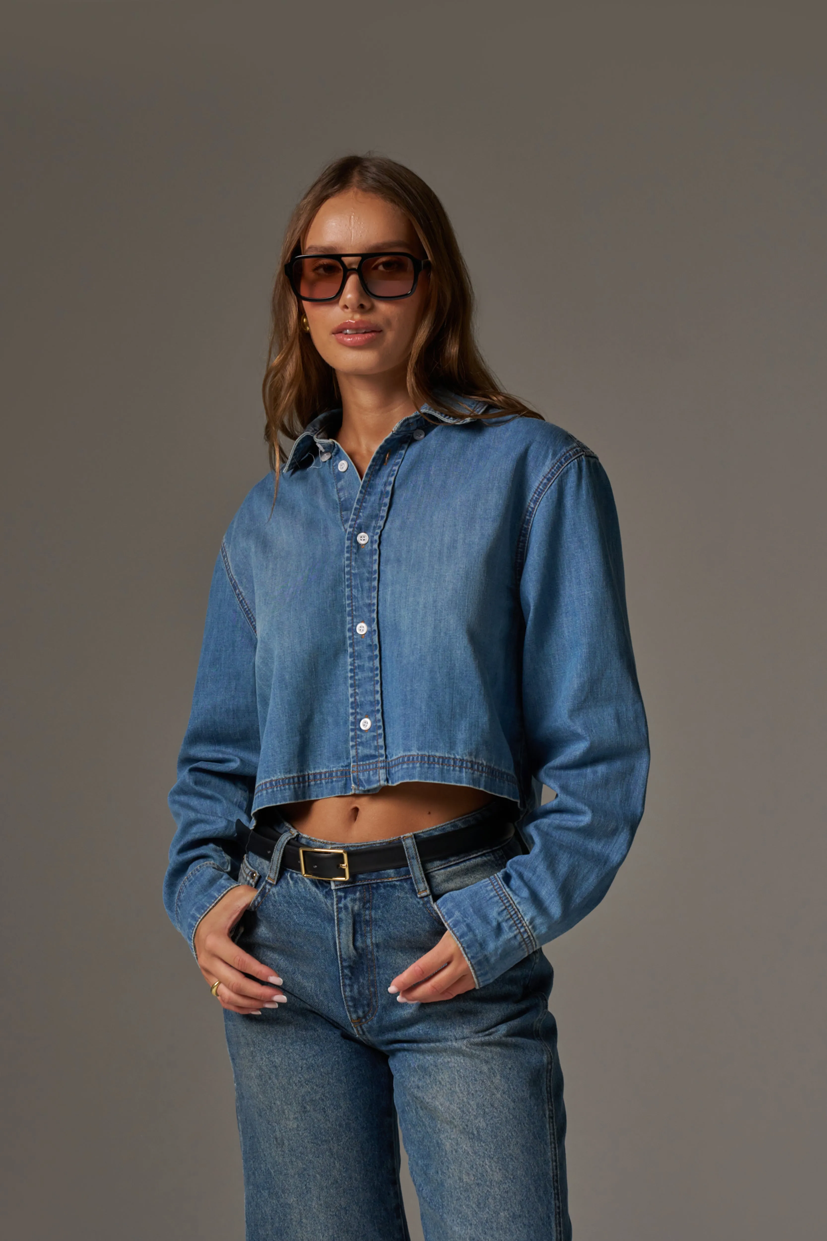 RELAXED LONG SLEEVE DENIM SHIRT - MID BLUE WASH sold by The Couture Club product image thumbnail 2