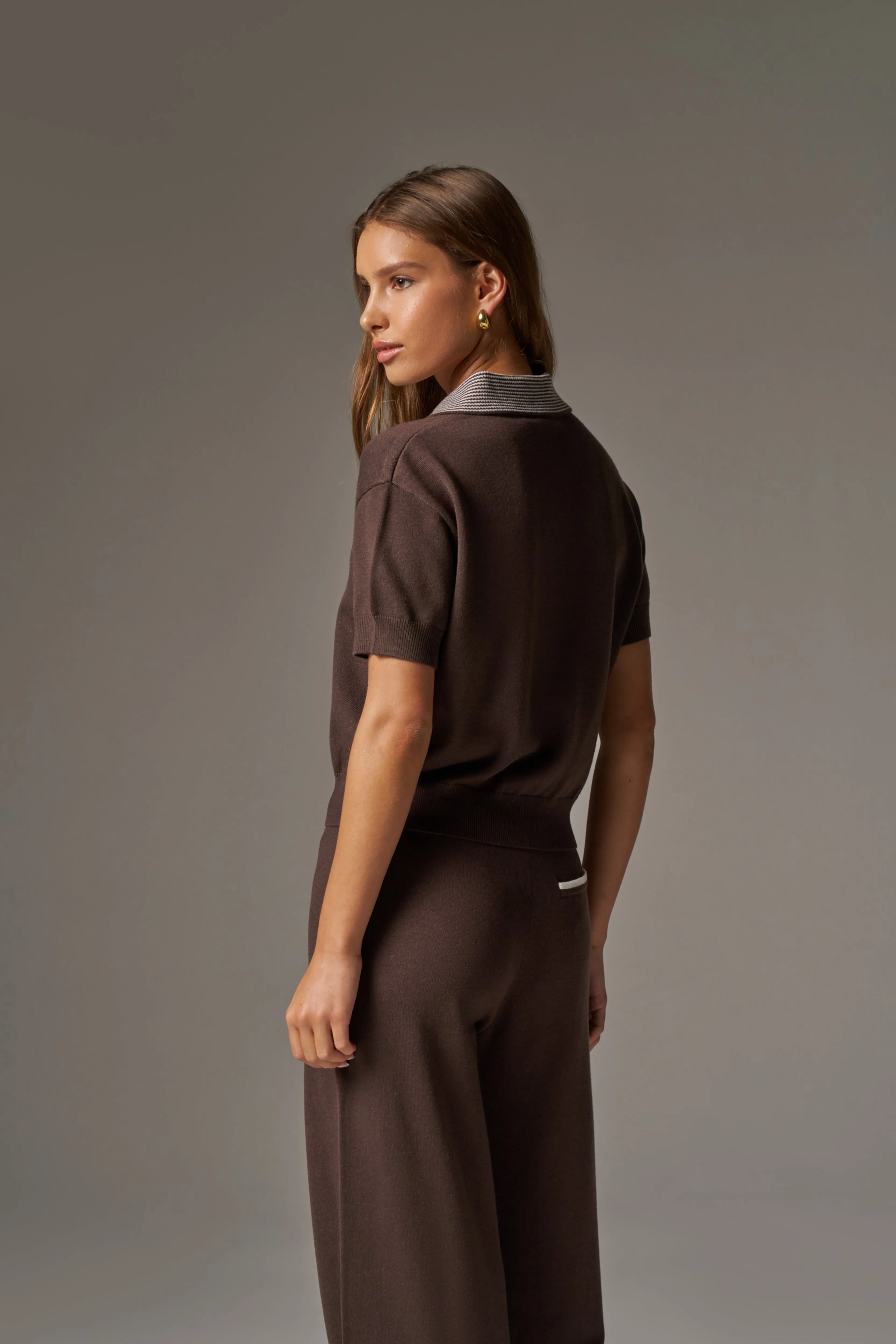 KNITTED COLLAR POLO TOP - BROWN sold by The Couture Club product image thumbnail 5