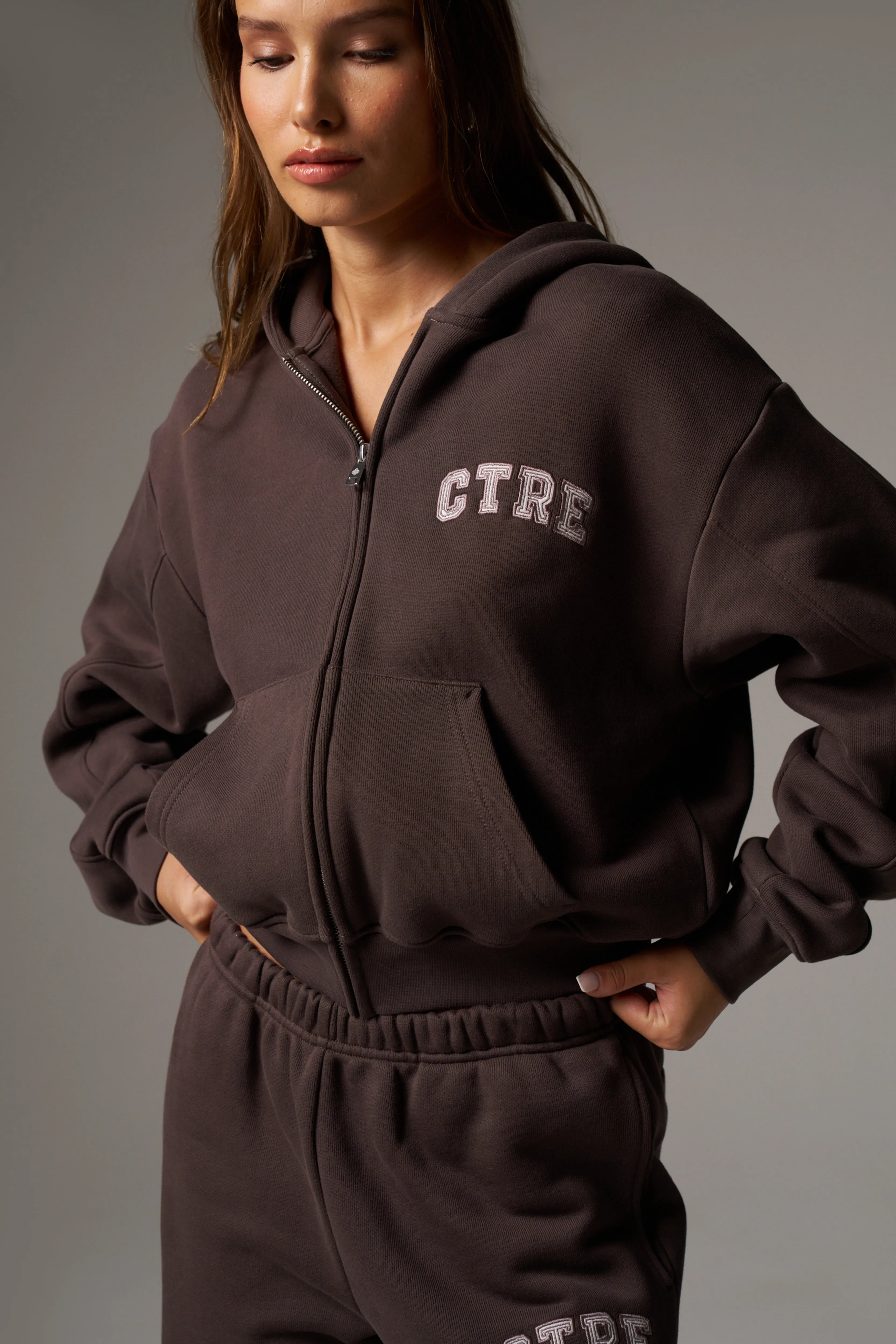 CTRE ZIP THROUGH RELAXED HOODIE - BROWN sold by The Couture Club product image thumbnail 4
