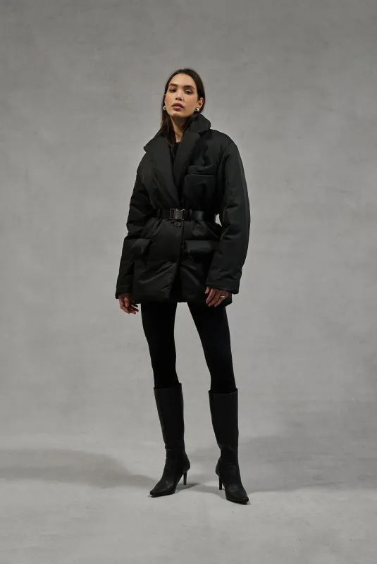 NYLON PADDED BLAZER COAT - BLACK sold by The Couture Club