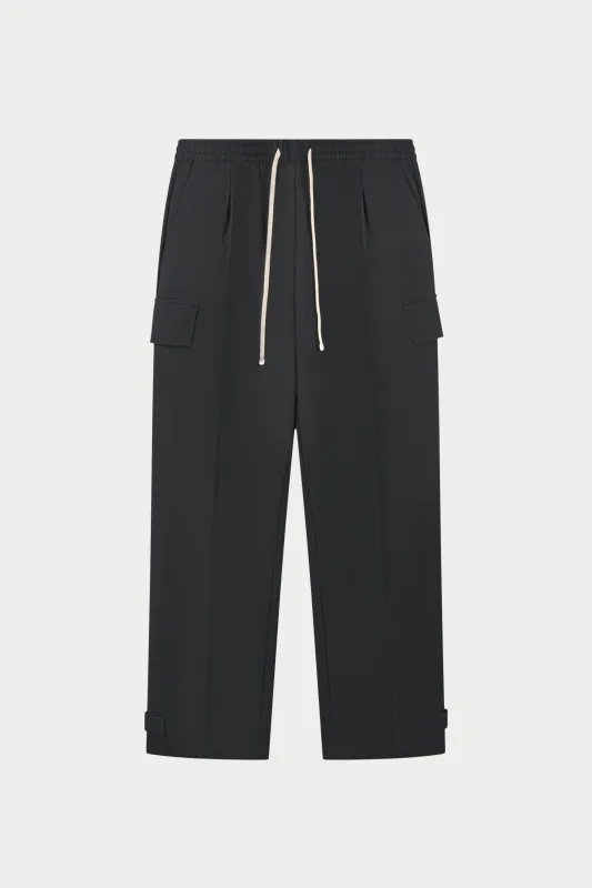 PLEATED WIDE LEG WOOL BLEND TROUSERS - BLACK sold by The Couture Club