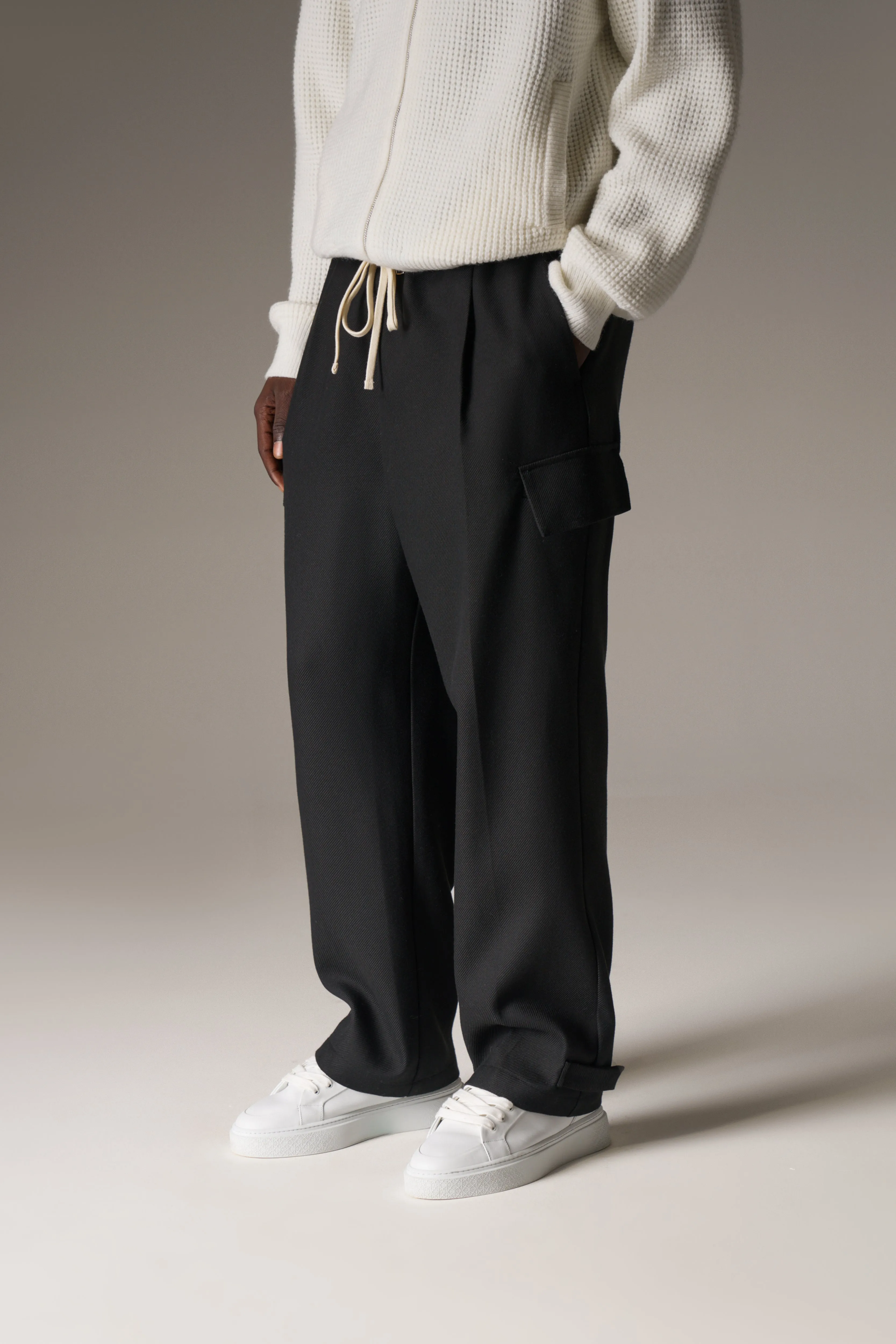 PLEATED WIDE LEG WOOL BLEND TROUSERS - BLACK sold by The Couture Club product image thumbnail 2