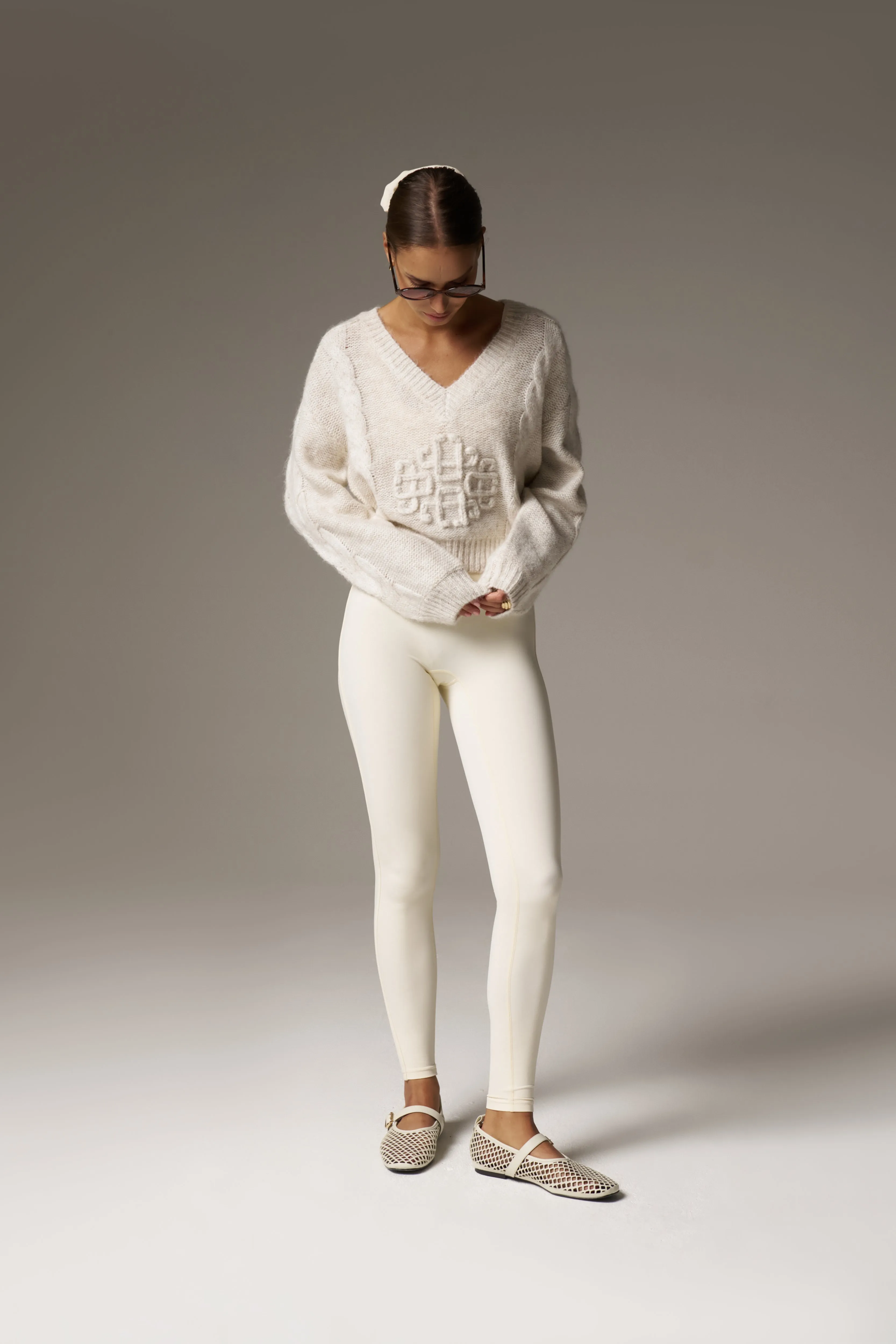EMBLEM KNITTED V NECK JUMPER - BEIGE sold by The Couture Club product image thumbnail 4