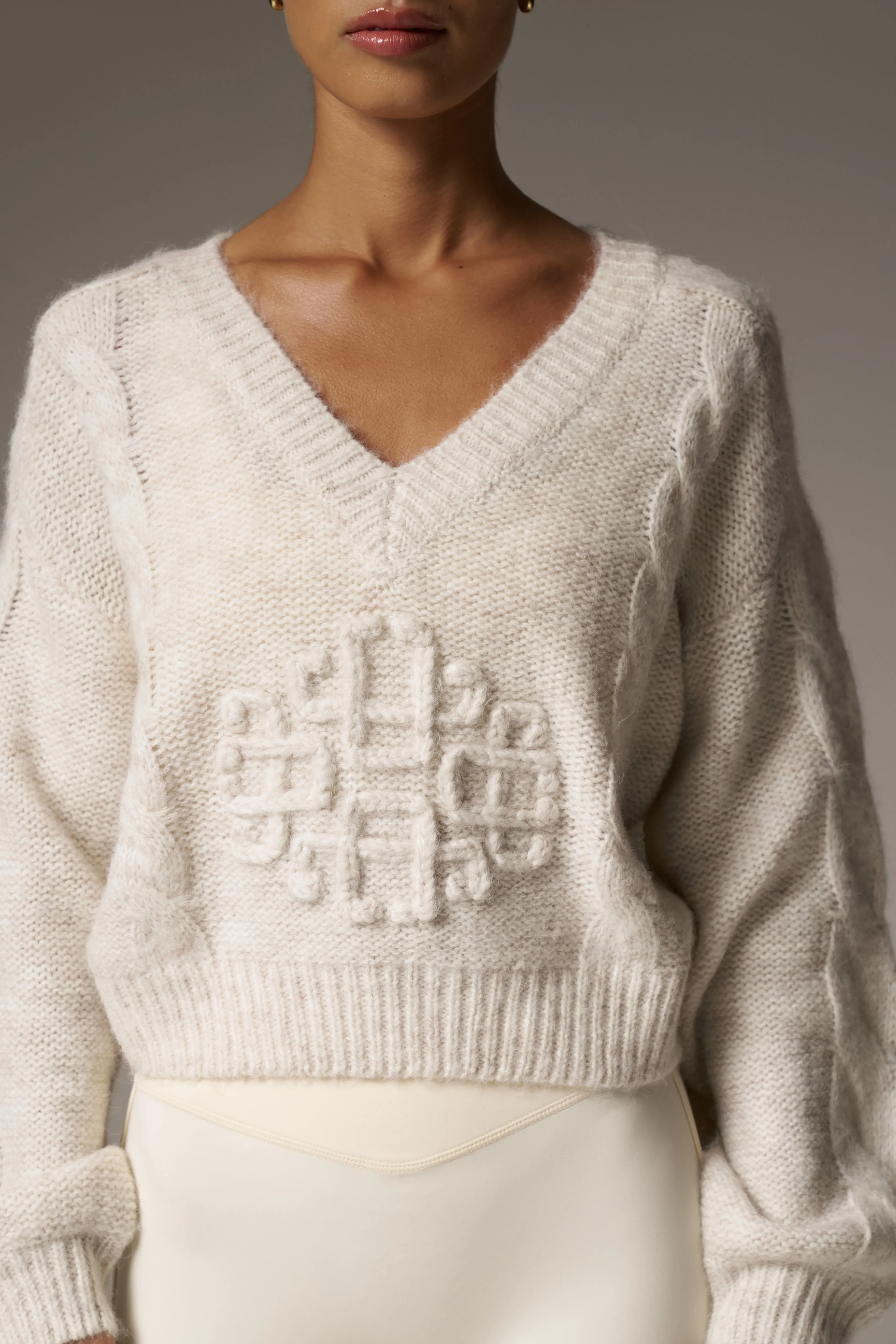 EMBLEM KNITTED V NECK JUMPER - BEIGE sold by The Couture Club product image thumbnail 5