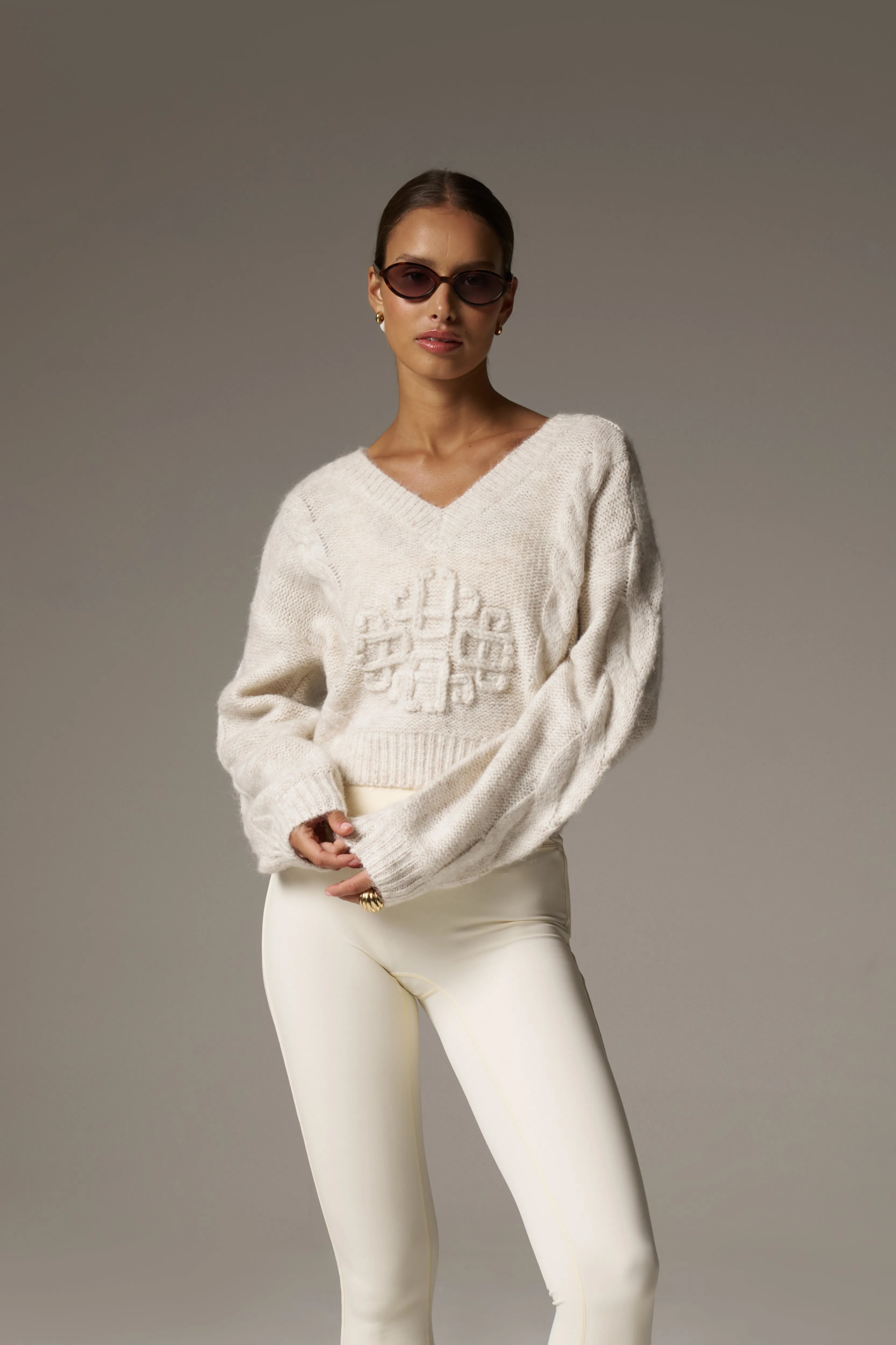 EMBLEM KNITTED V NECK JUMPER - BEIGE sold by The Couture Club product image thumbnail 2