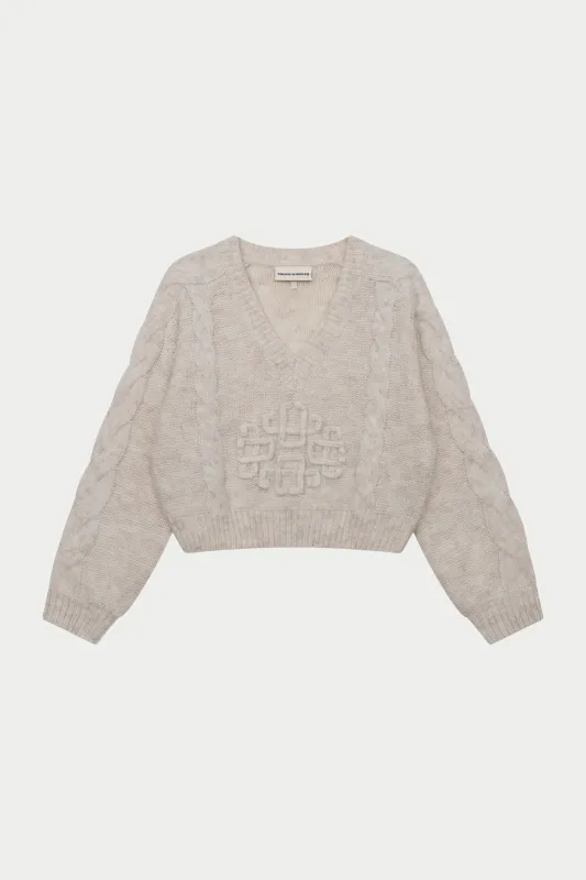 EMBLEM KNITTED V NECK JUMPER - BEIGE made by The Couture Club