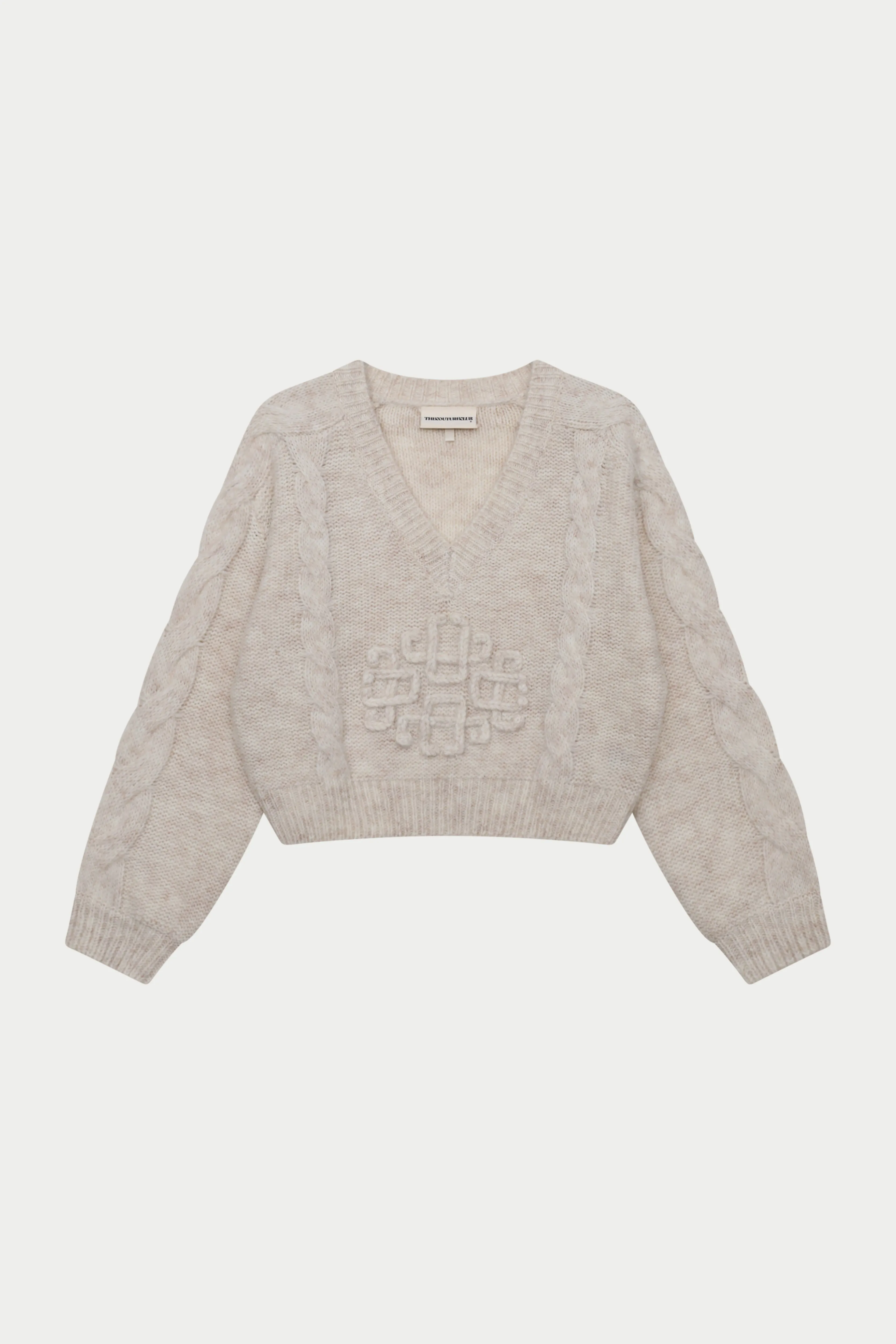 EMBLEM KNITTED V NECK JUMPER - BEIGE sold by The Couture Club