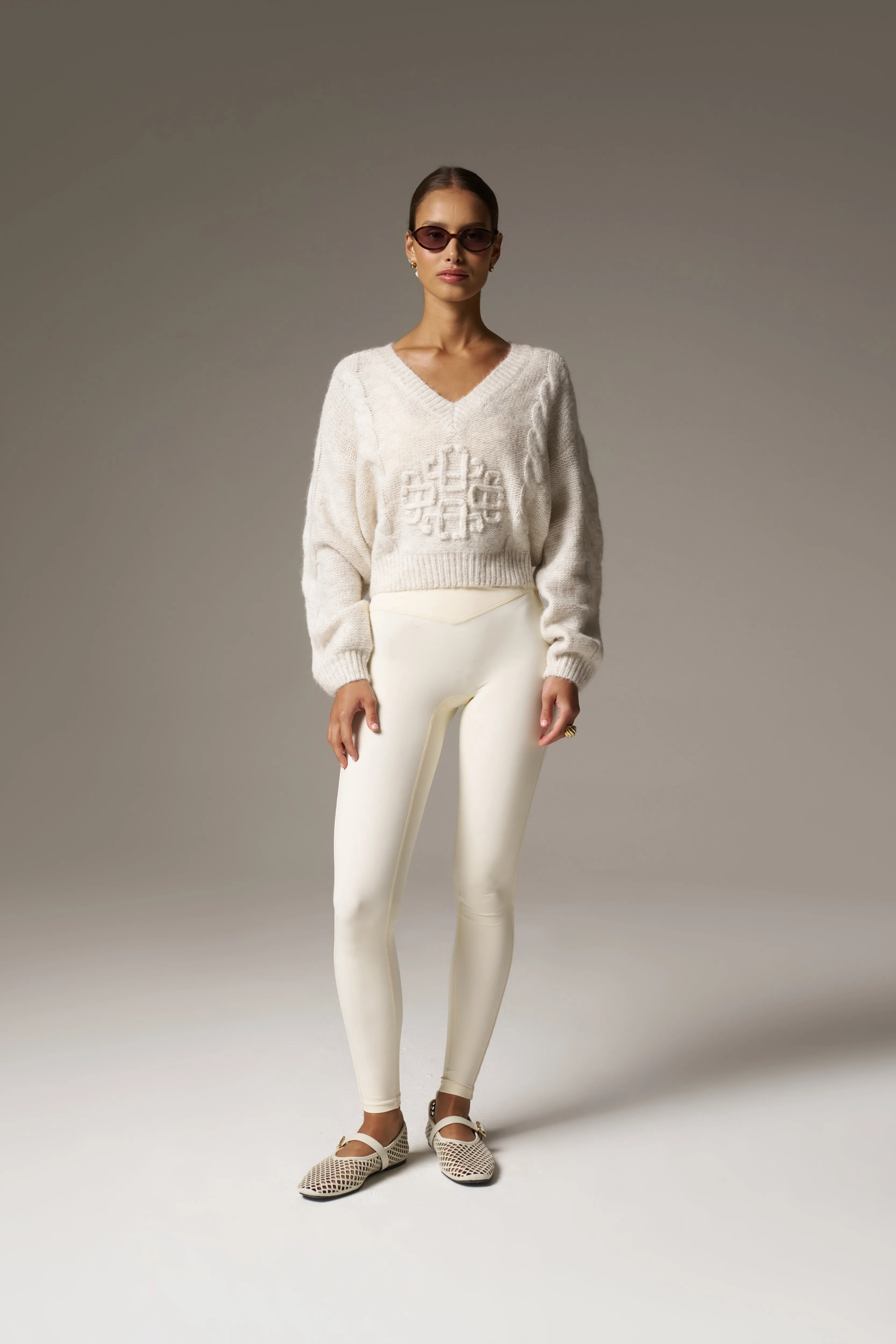 EMBLEM KNITTED V NECK JUMPER - BEIGE sold by The Couture Club product image thumbnail 3