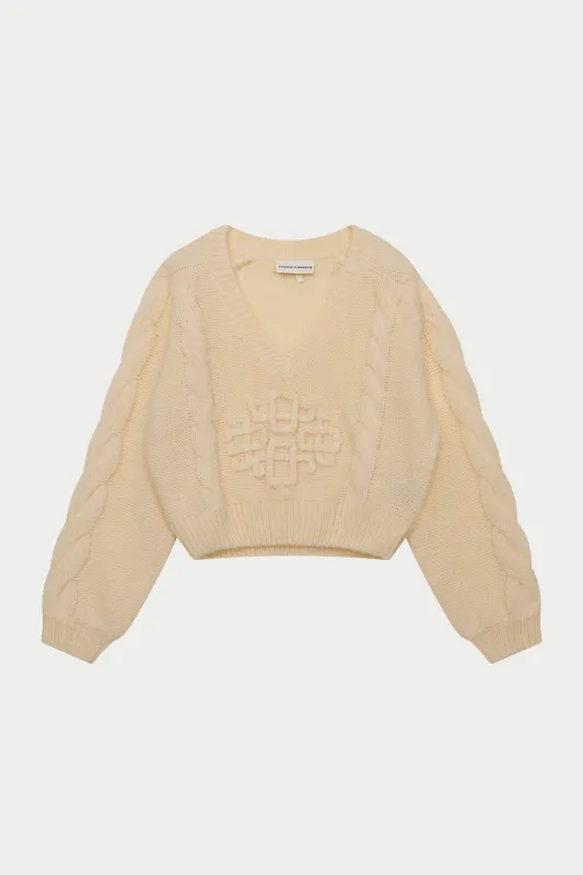 EMBLEM KNITTED V NECK JUMPER - BUTTERMILK made by The Couture Club