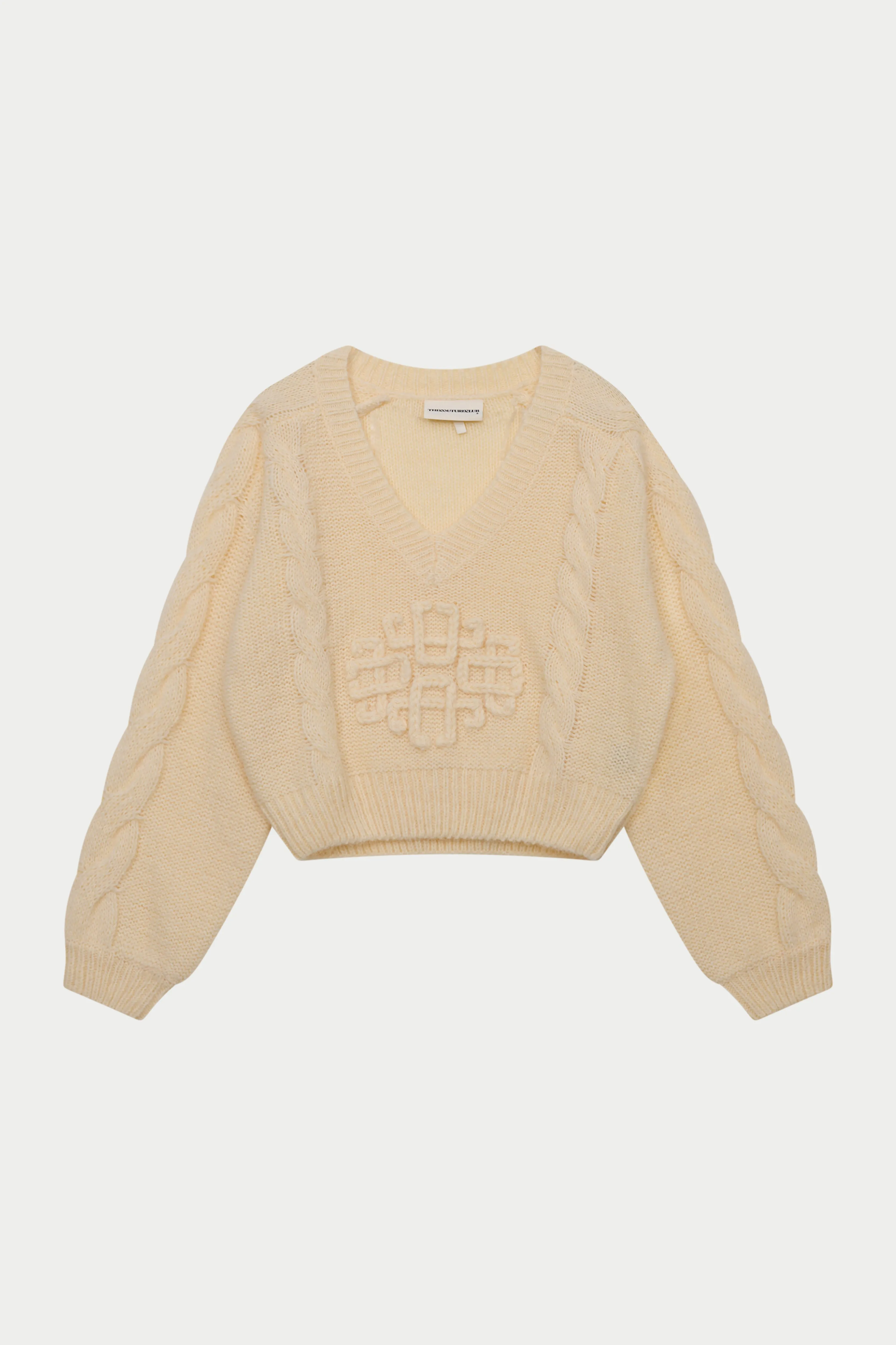 EMBLEM KNITTED V NECK JUMPER - BUTTERMILK sold by The Couture Club