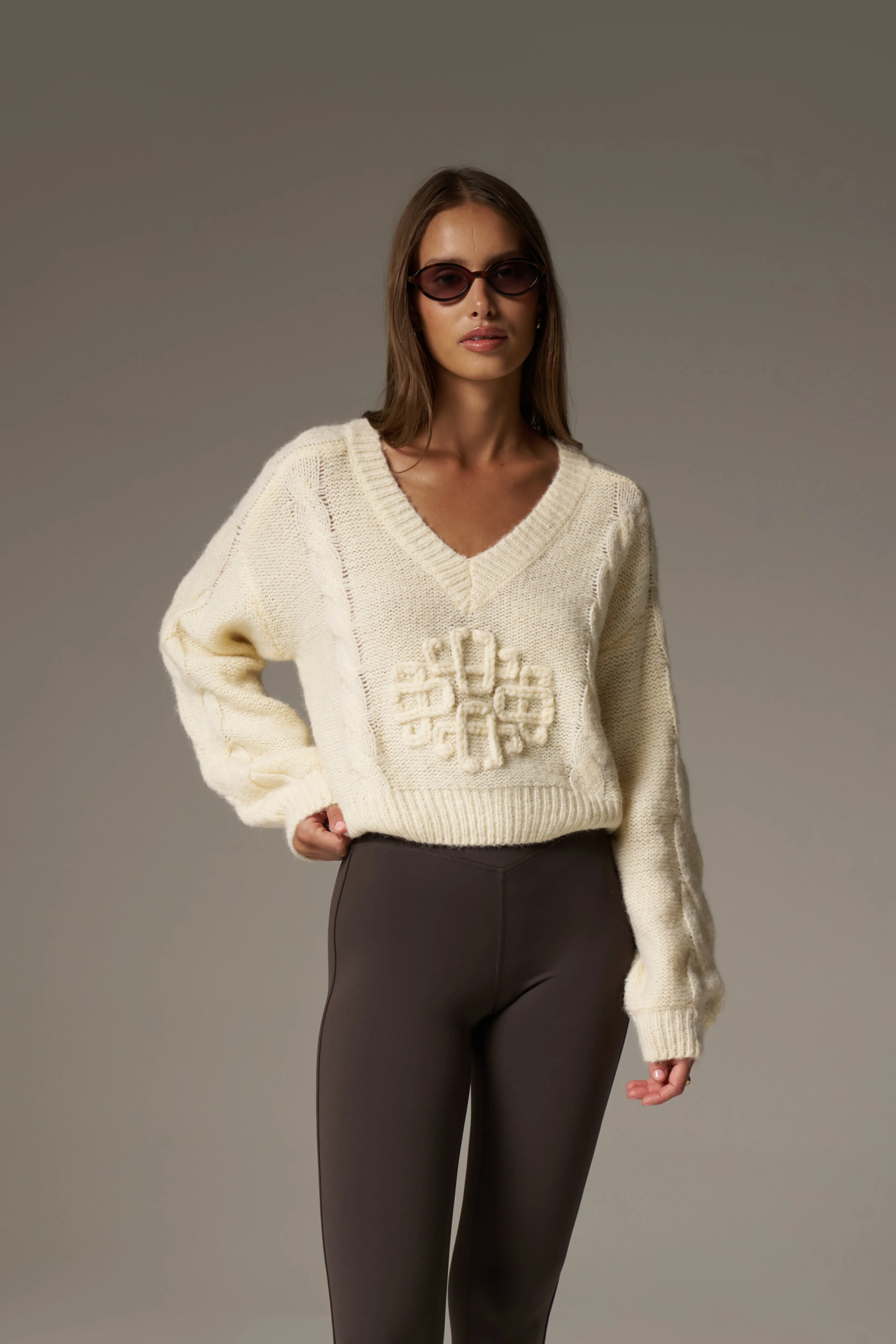 EMBLEM KNITTED V NECK JUMPER - BUTTERMILK sold by The Couture Club product image thumbnail 2