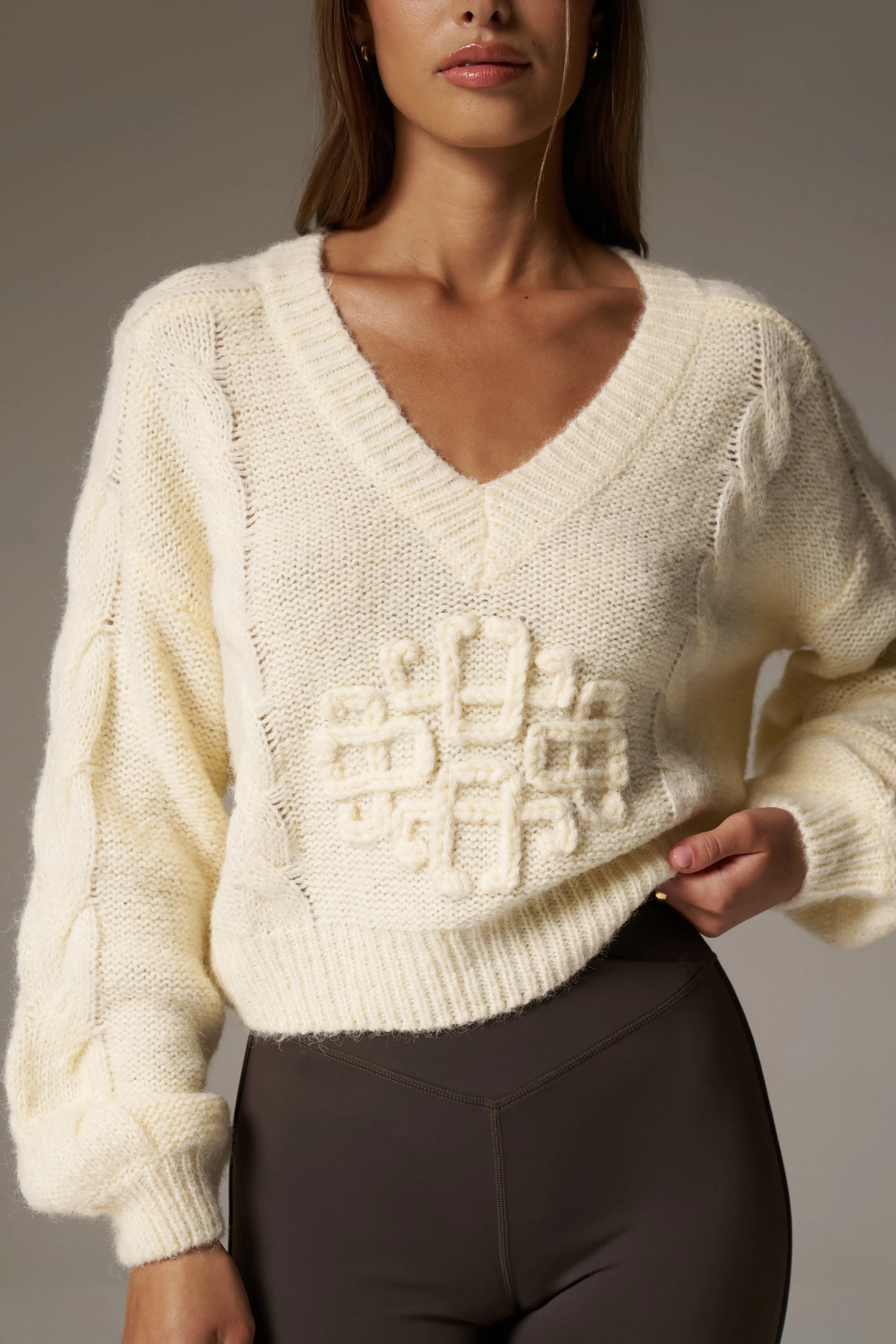 EMBLEM KNITTED V NECK JUMPER - BUTTERMILK sold by The Couture Club product image thumbnail 4