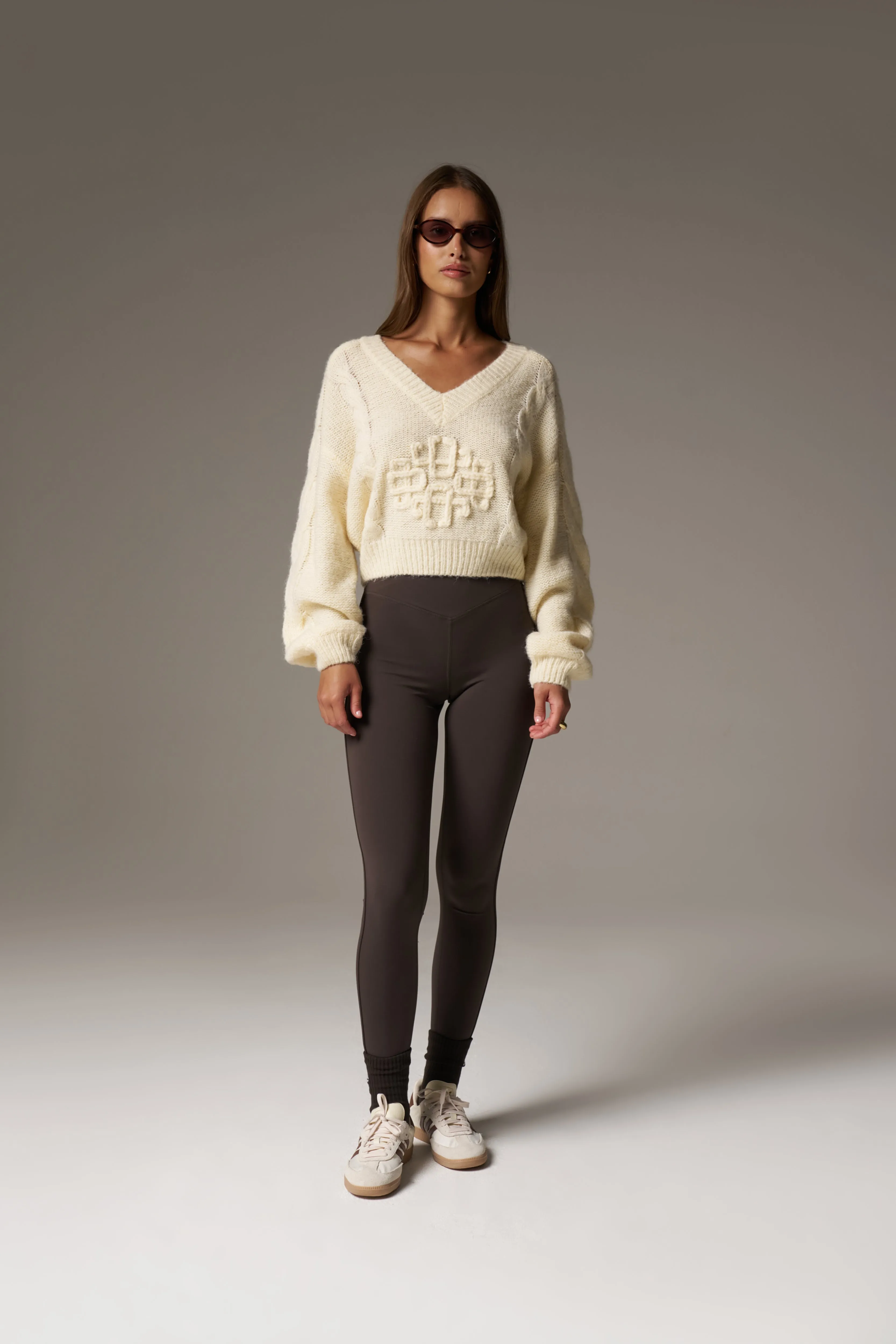 EMBLEM KNITTED V NECK JUMPER - BUTTERMILK sold by The Couture Club product image thumbnail 3