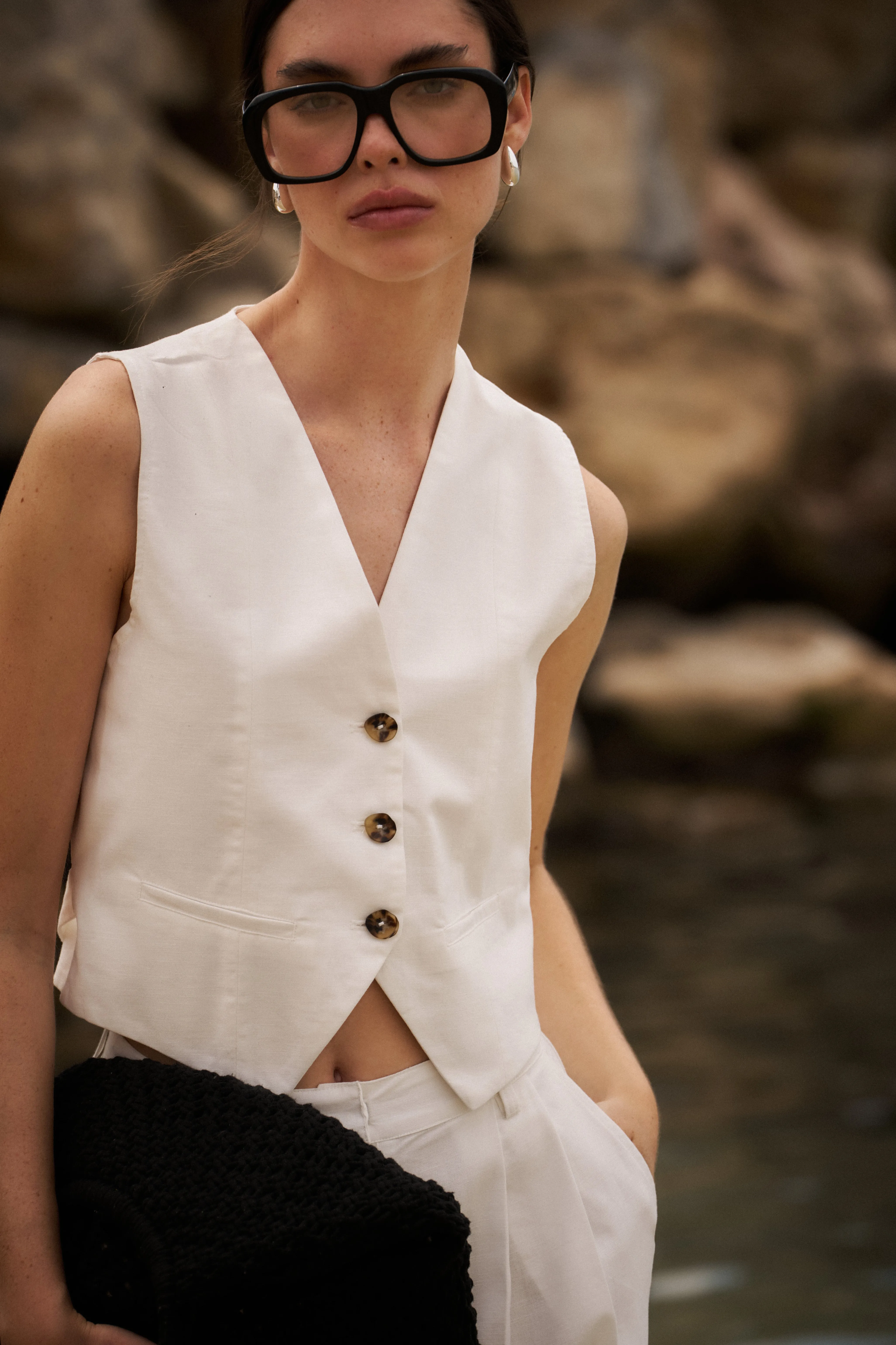LINEN BLEND WAISTCOAT - WHITE sold by The Couture Club product image thumbnail 3
