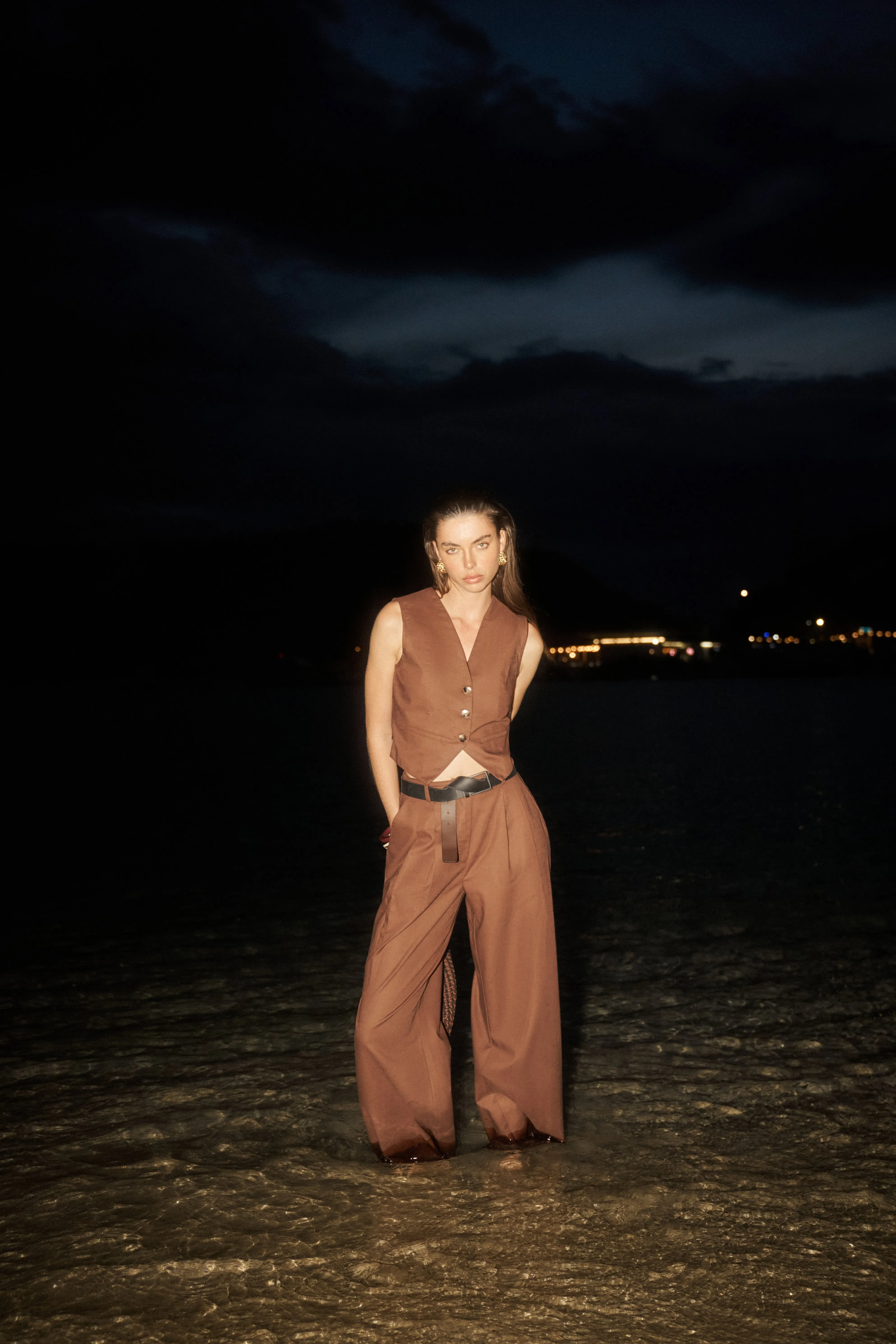 LINEN BLEND WAISTCOAT - CHOCOLATE sold by The Couture Club product image thumbnail 3