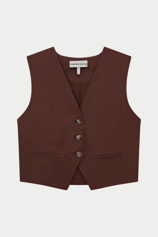 LINEN BLEND WAISTCOAT - CHOCOLATE sold by The Couture Club