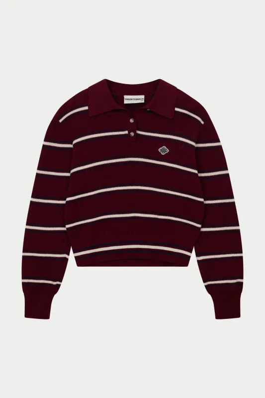 STRIPE KNITTED BUTTON THROUGH POLO - BURGUNDY sold by The Couture Club