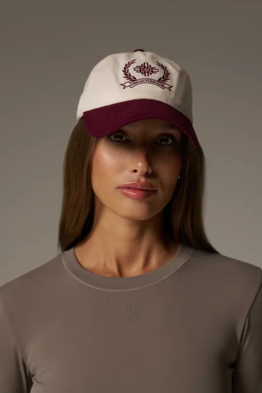 TWO TONE EMBROIDERY CREST CAP - BURGUNDY sold by The Couture Club