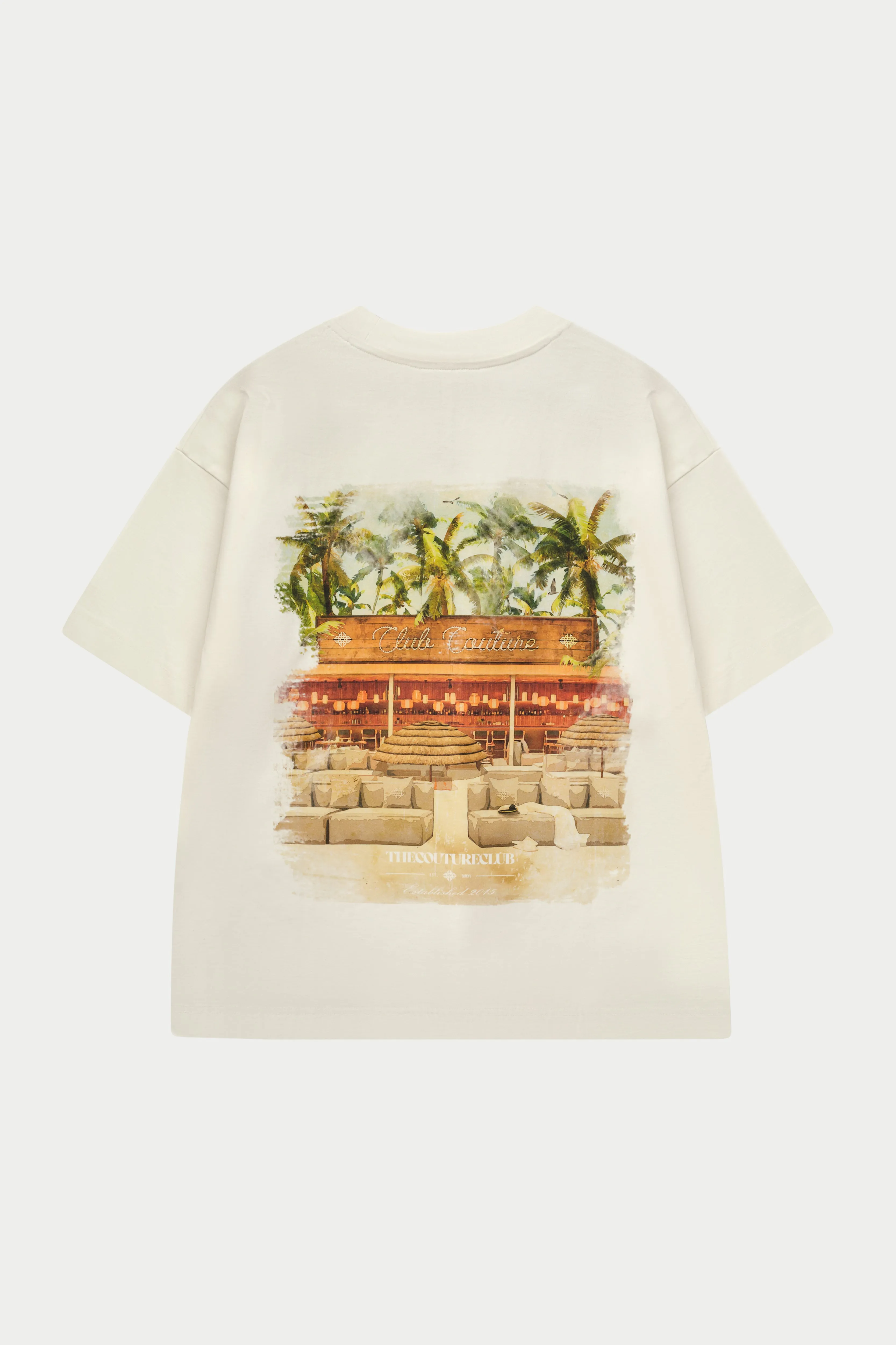 WATERCOLOUR BEACH CLUB PRINTED T-SHIRT - OFF WHITE sold by The Couture Club