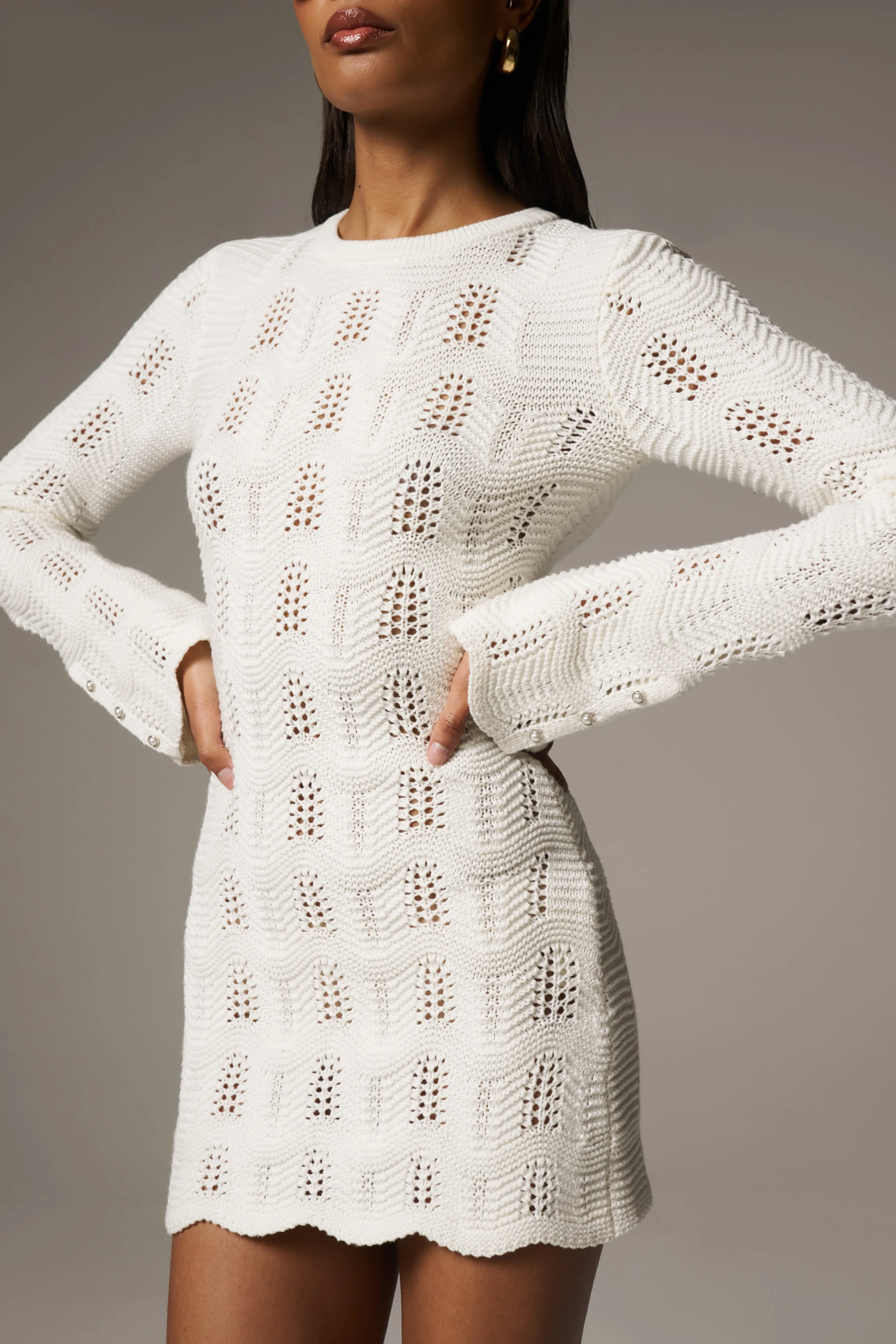 SCALLOP EDGE KNITTED MINI DRESS - OFF WHITE sold by The Couture Club product image thumbnail 4