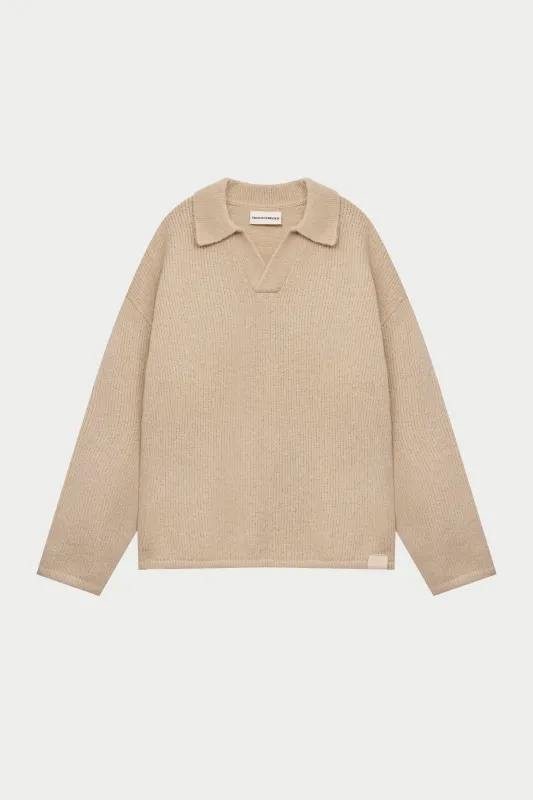 BOUCLE KNIT LONG SLEEVE POLO - STONE sold by The Couture Club