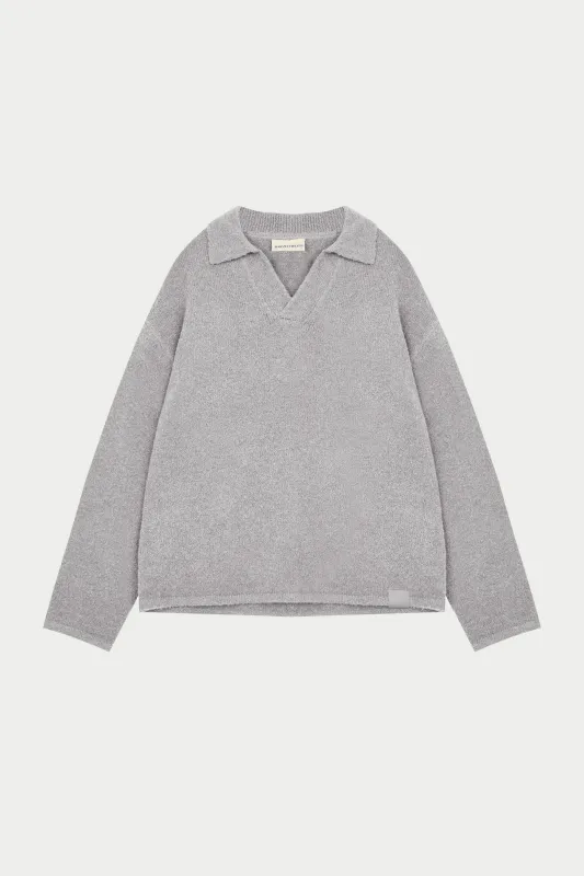 BOUCLE KNIT LONG SLEEVE POLO - GREY MARL sold by The Couture Club