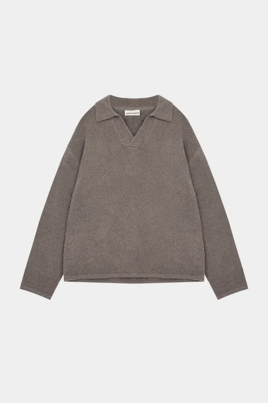 BOUCLE KNIT LONG SLEEVE POLO - BROWN sold by The Couture Club