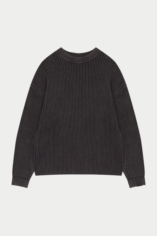 HEAVY WASHED RIBBED KNIT CREW - BROWN sold by The Couture Club