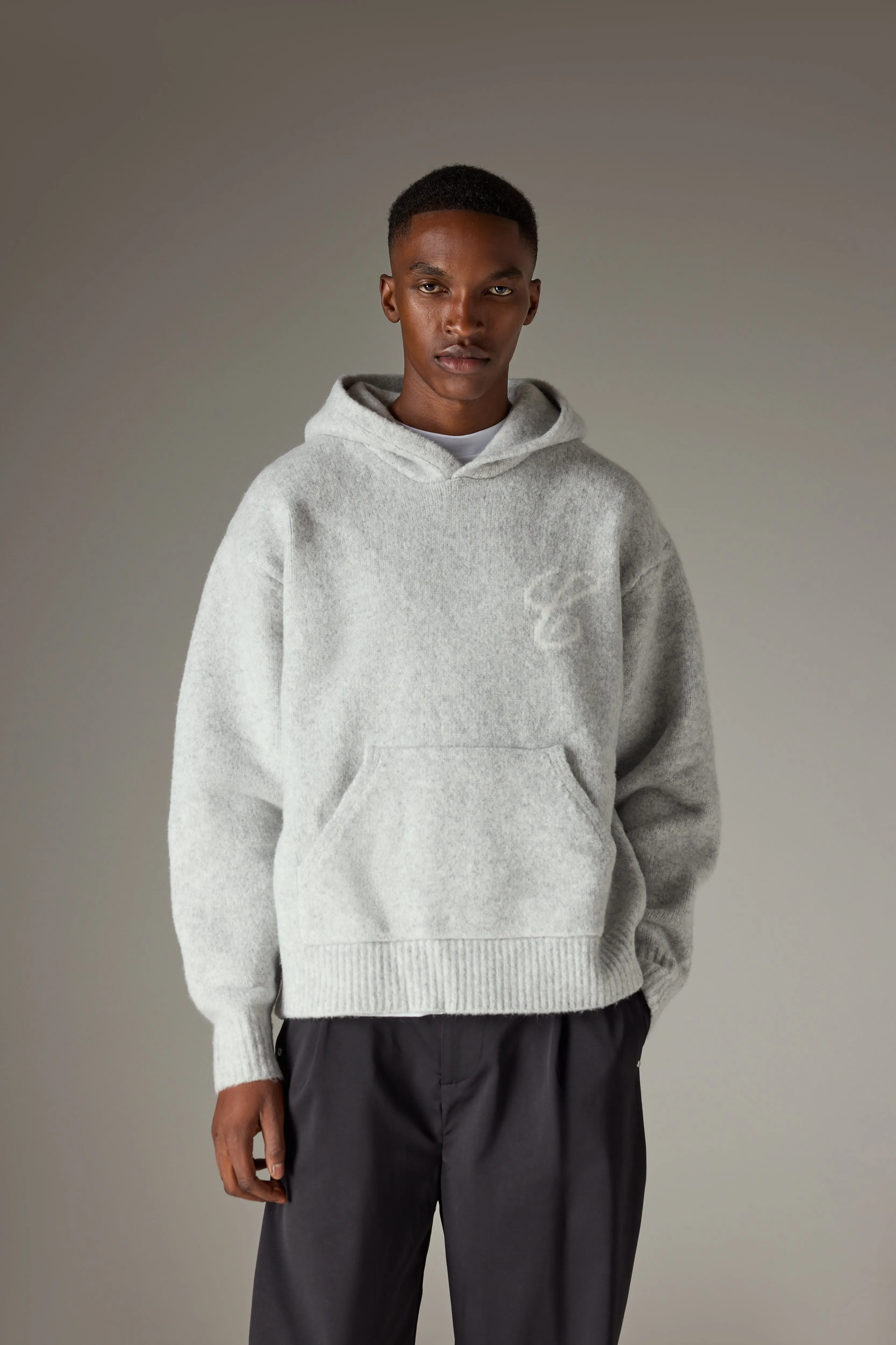 SCRIPT LOGO GRAPHIC KNITTED HOODIE - GREY MARL sold by The Couture Club product image thumbnail 4