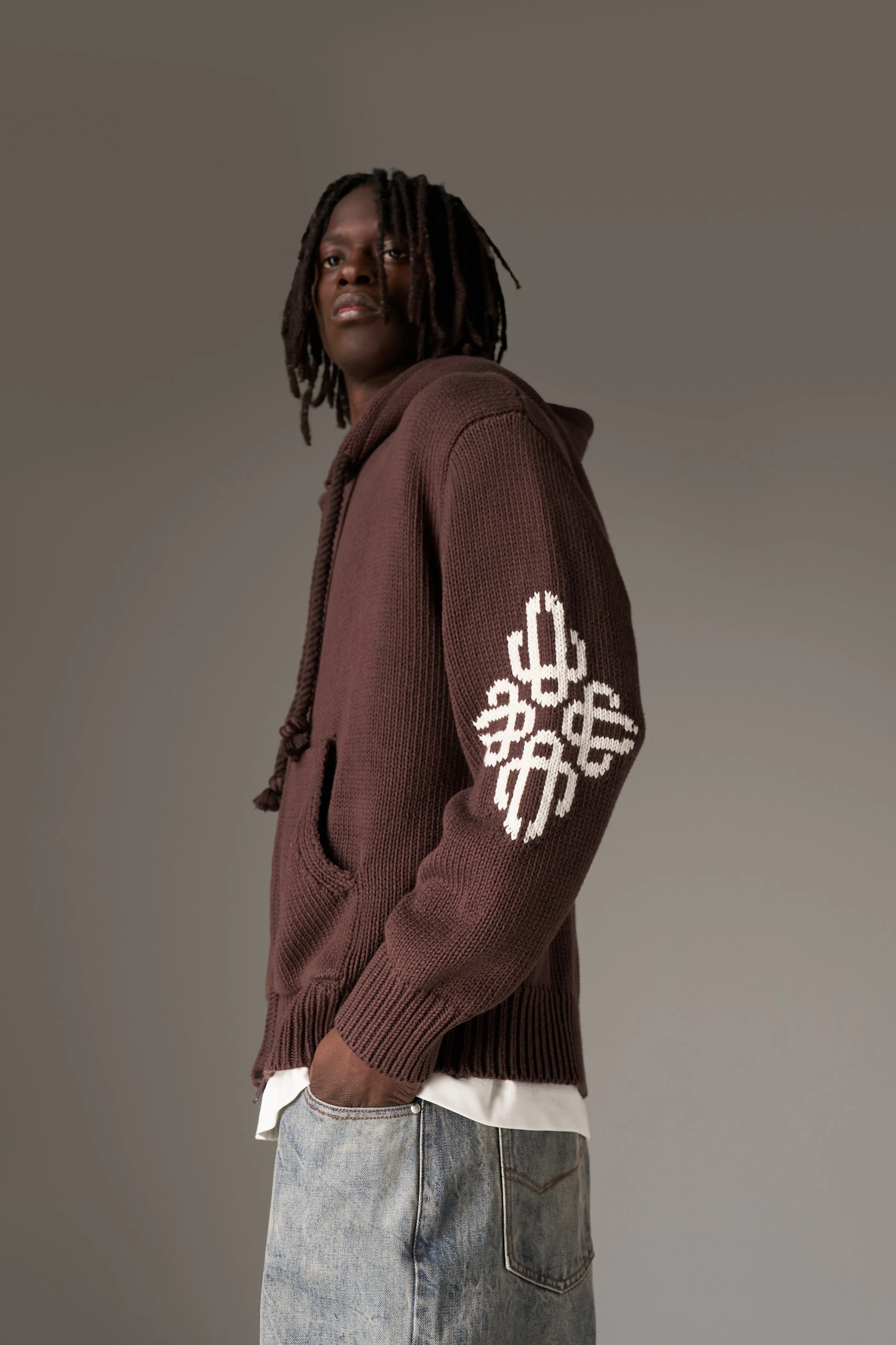 CHUNKY KNIT EMBLEM ZIP THROUGH HOODIE - CHOCOLATE sold by The Couture Club product image thumbnail 5