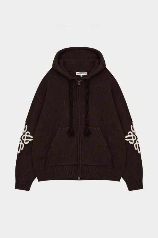 CHUNKY KNIT EMBLEM ZIP THROUGH HOODIE - CHOCOLATE sold by The Couture Club