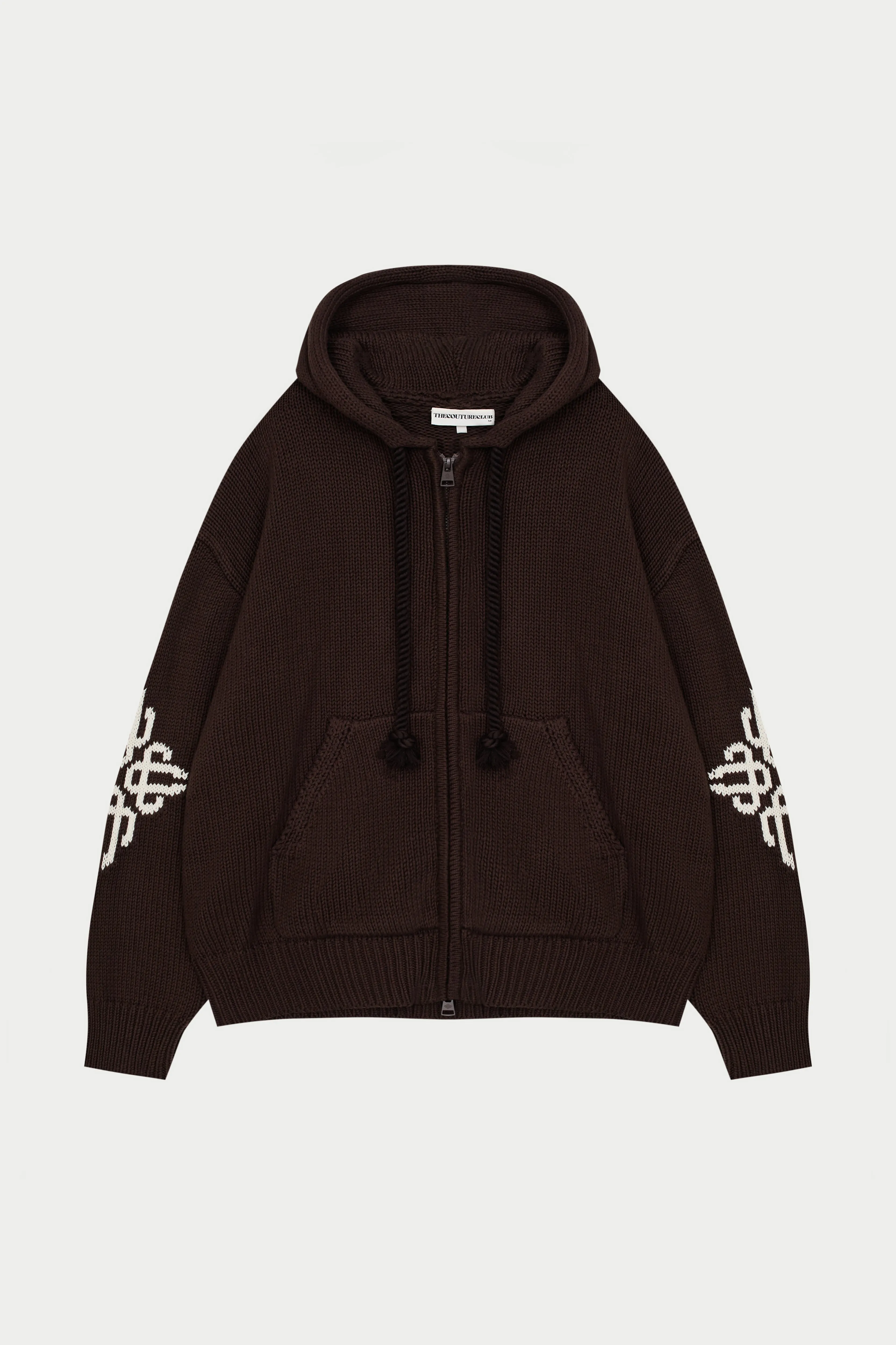 CHUNKY KNIT EMBLEM ZIP THROUGH HOODIE - CHOCOLATE sold by The Couture Club