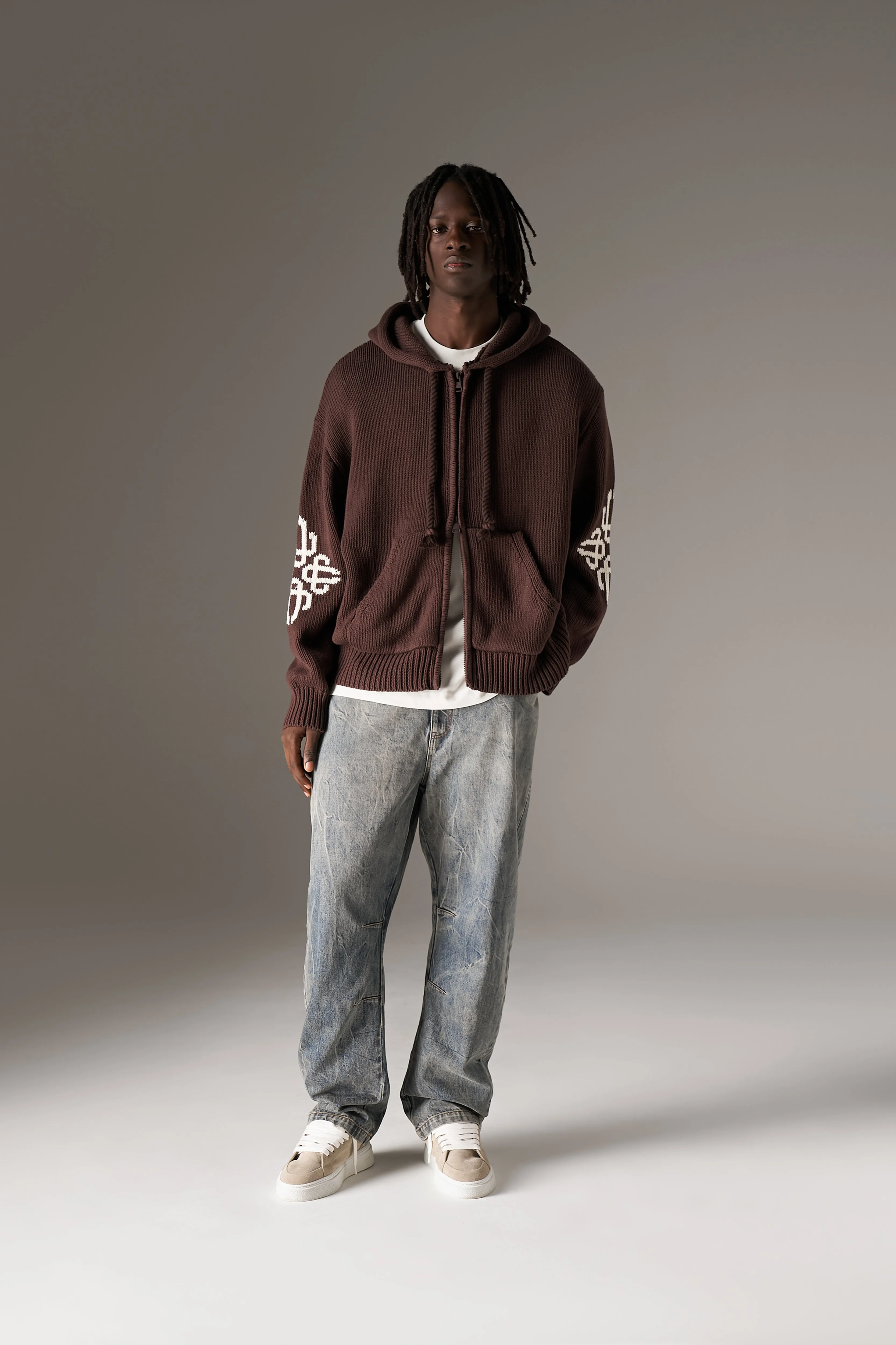 CHUNKY KNIT EMBLEM ZIP THROUGH HOODIE - CHOCOLATE sold by The Couture Club product image thumbnail 4