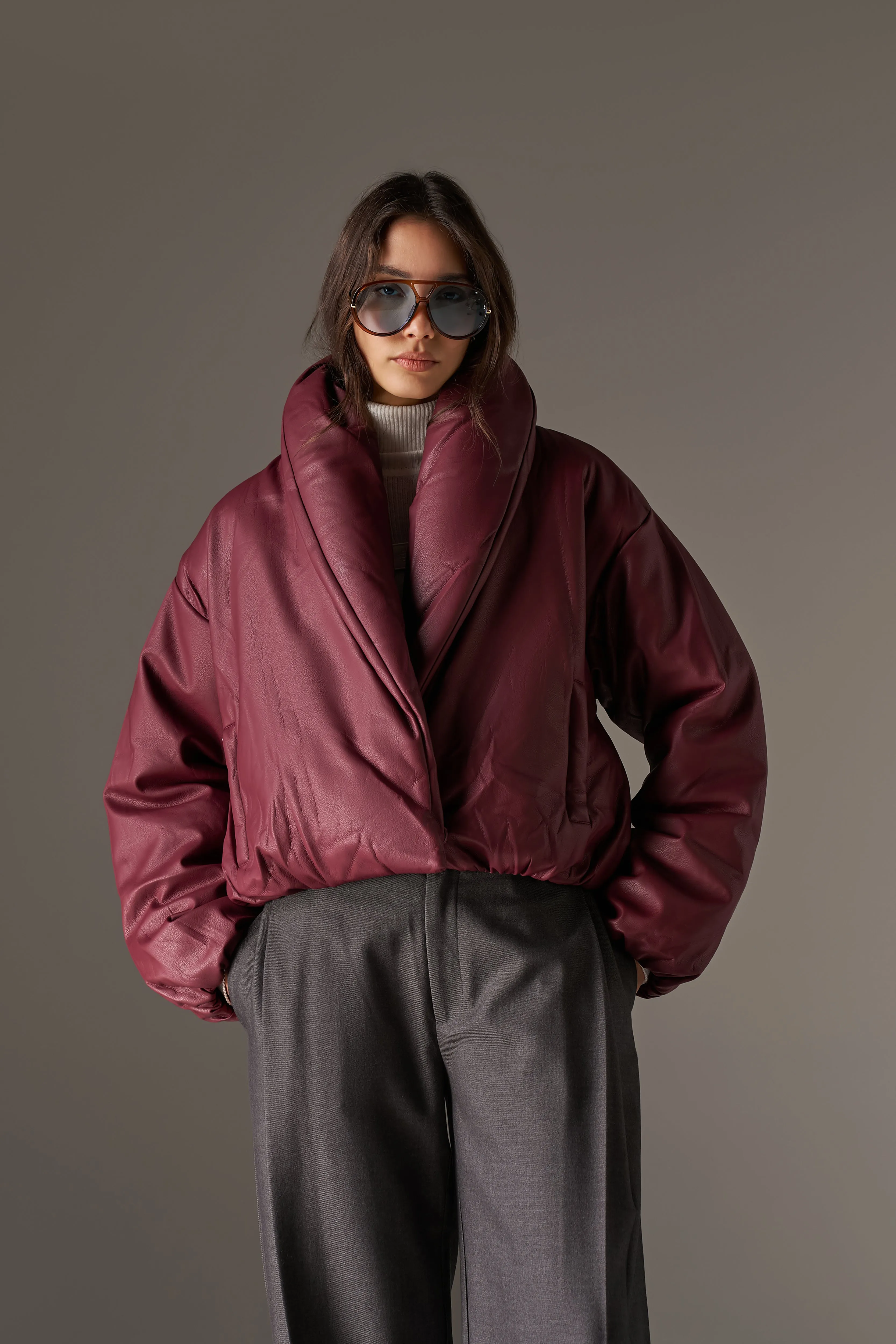 OVERSIZED COLLAR FAUX LEATHER PUFFER COAT - BURGUNDY sold by The Couture Club product image thumbnail 2