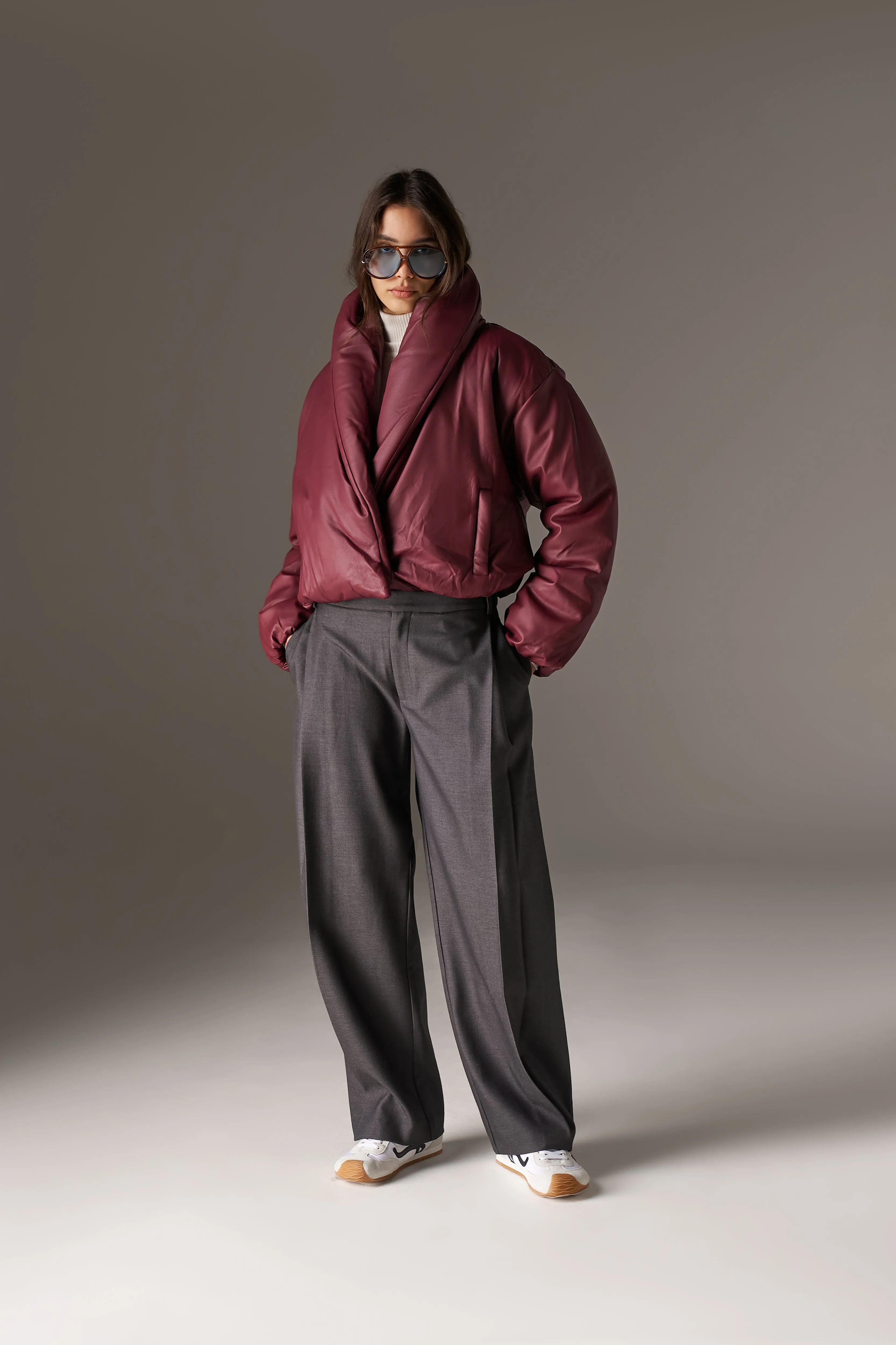 OVERSIZED COLLAR FAUX LEATHER PUFFER COAT - BURGUNDY sold by The Couture Club product image thumbnail 3